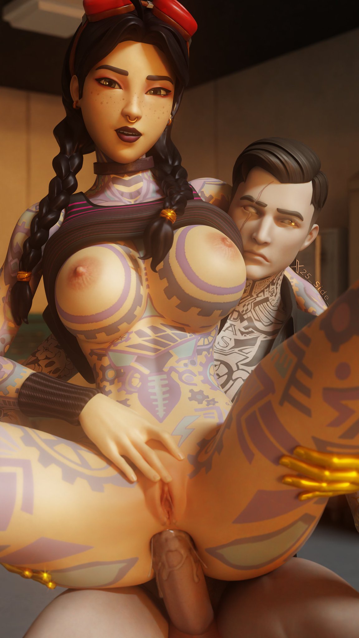 25 side , 3d, 3d (artwork), anal, anal sex, anus, armband, armbands, ass, ass grab, balls, beach jules, bed, bedroom, big ass, big balls, big breasts, big penis, black hair, black hair female, breasts, breasts out, choker, cowlick, father, father and daughter, father and daughter (lore), female, fortnite, freckles, goggles, goggles on head, hand on ass, holding leg, holding leg up, hourglass figure, hourglass figured female, huge ass, huge cock, incest, incest (lore), jules (fortnite), looking at viewer, looking away, looking away from viewer, male, midas (fortnite), midsummer midas, nose ring, open mouth, penis, ponytail, ponytails, precum, precum on penis, pussy, rubbing pussy, scar, scar across eye, shiny, shiny skin, tattoo, tattoos, tattoos everywhere, watermark