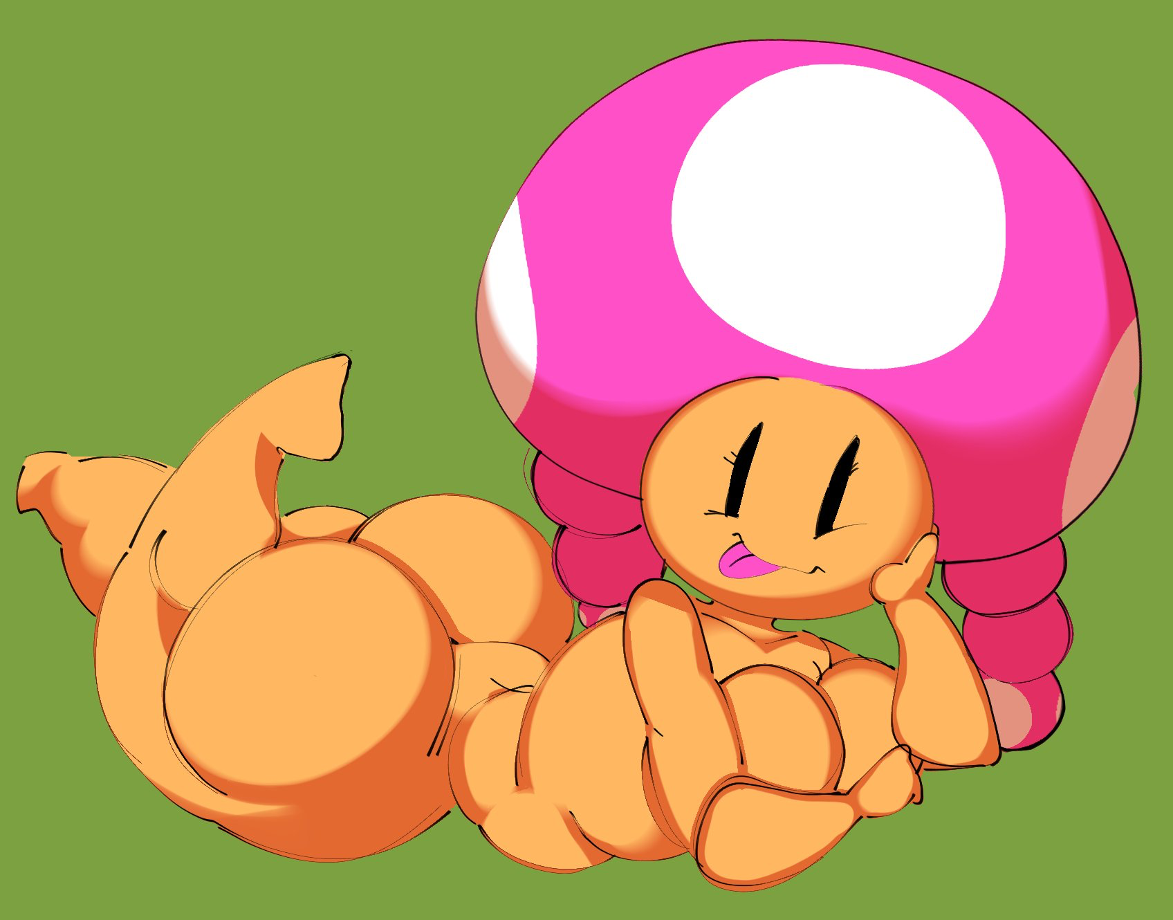 1girls, ass, barefoot, big ass, big breasts, breasts, captivemimic, completely nude, completely nude female, feet, female, female only, full body, mario (series), mob face, naked, naked female, nintendo, nude, nude female, on stomach, smile, solo, solo female, toadette, tongue, tongue out