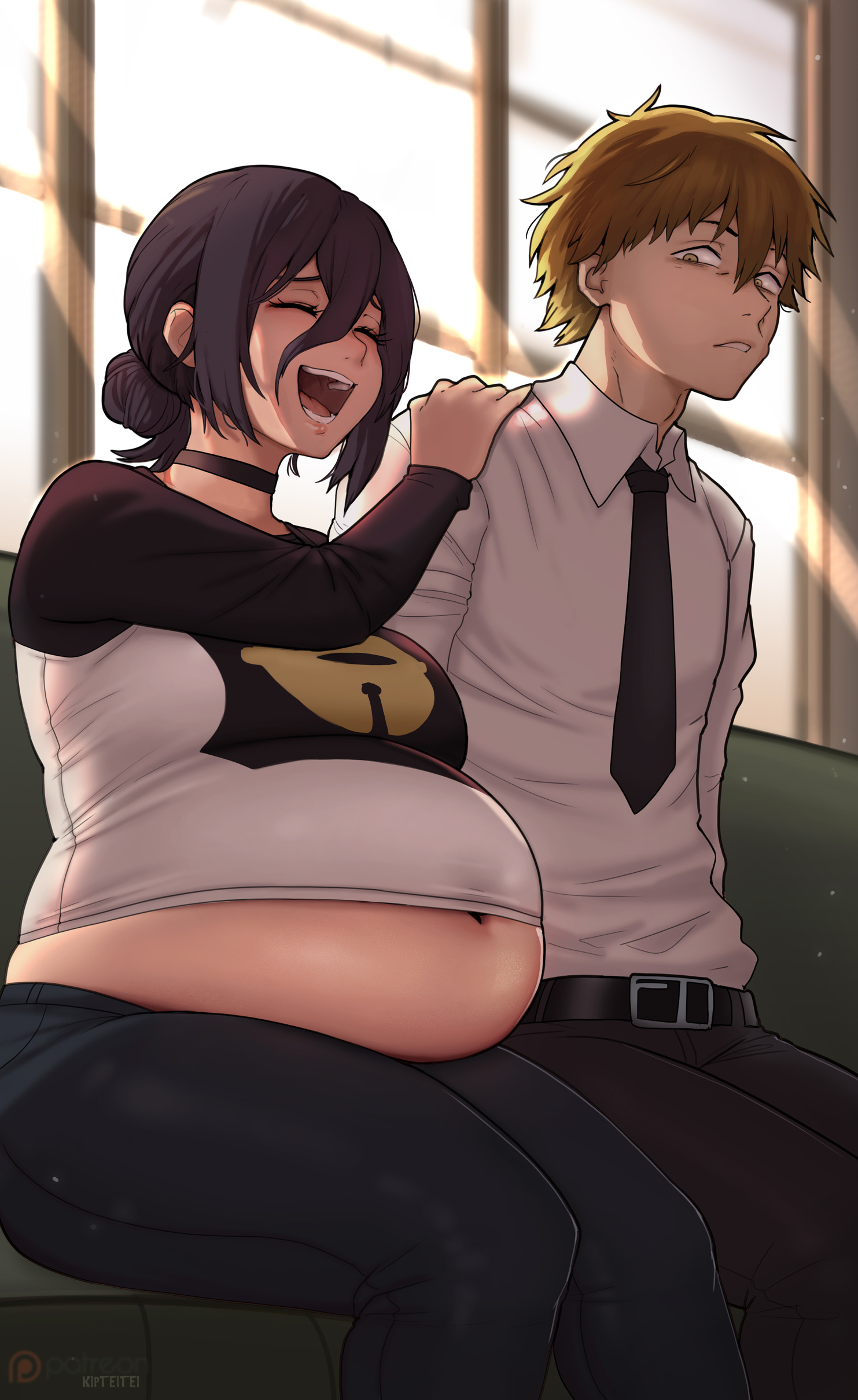 bbw, belly, belly button, big belly, big breasts, black hair, blonde hair, chainsaw man, denji (chainsaw man), fat, fat belly, fat female, fat fetish, huge belly, huge breasts, kipteitei, obese, obese female, overweight, overweight female, reze (chainsaw man), tied hair, tight fit, voluptuous