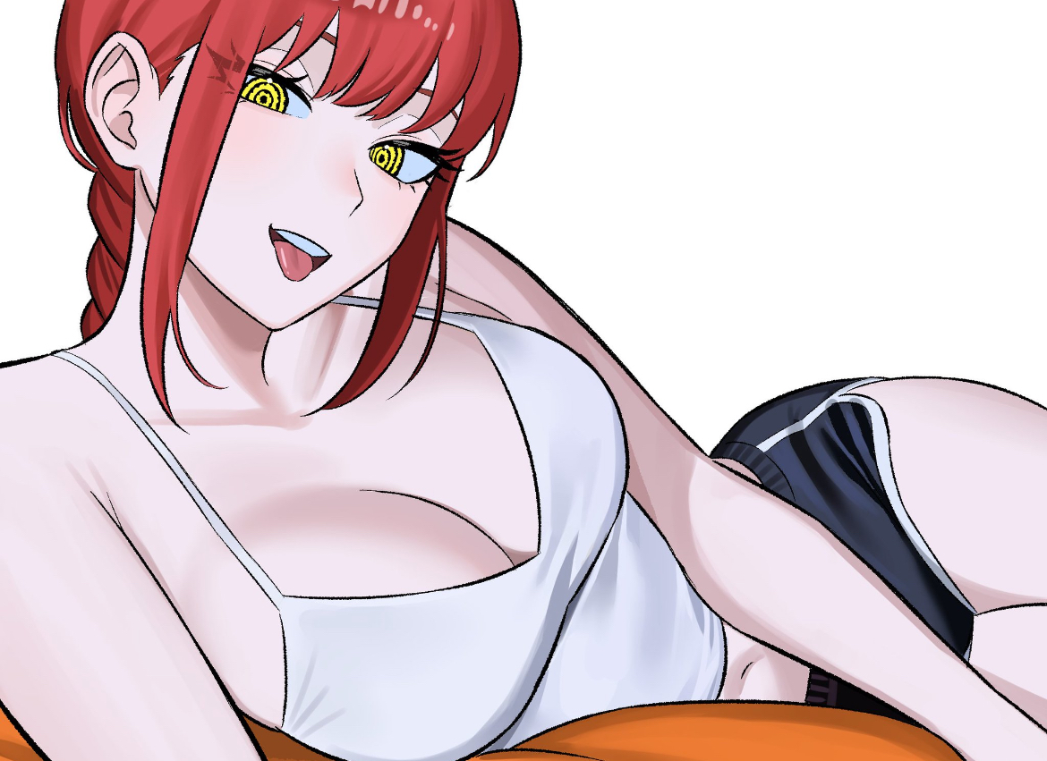 belly, belly button, big breasts, big thighs, busty, busty female, chainsaw man, cleavage, cleavage overflow, crop top, curvy, curvy female, curvy figure, cute, cute female, dolphin shorts, female, female only, hips, looking at viewer, lustful gaze, makima (chainsaw man), oppai, pale skin, pale-skinned female, red hair, sexy, sexy body, sexy look, solo, solo female, thick thighs, thighs, tongue, tongue out, yellow eyes, zeon (zzeeonn), zeon j