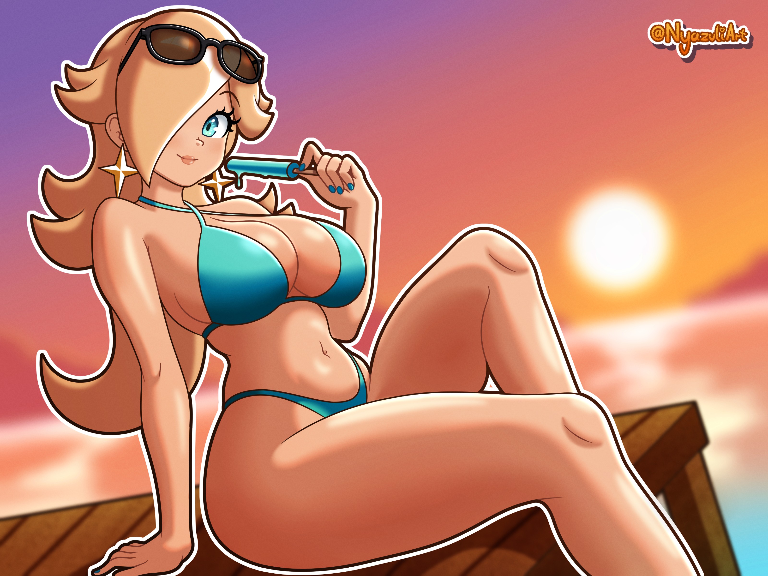 1girls, big breasts, bikini, bikini bottom, bikini top, blonde hair, blue bikini, blue eyes, blue nail polish, blue nails, bottomwear, breasts, cleavage, earrings, female, female only, hair, hair over one eye, headwear, hips, holding object, lips, long hair, mario (series), nail polish, nails, nintendo, nyazuliart, popsicle, princess rosalina, solo, solo female, sunglasses, sunglasses on head, sunset, swimwear, thighs, topwear