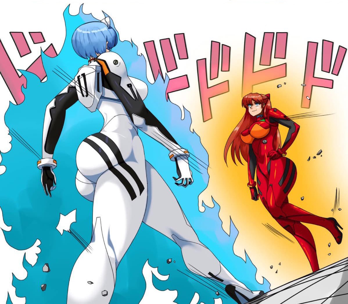 2girls, alcione, asuka langley sohryu, big ass, big breasts, blue hair, bubble ass, bubble butt, curvaceous, hi res, high resolution, jojo reference, large ass, large breasts, meme, neon genesis evangelion, orange hair, plugsuit, rei ayanami, skin tight, skin tight suit, voluptuous, voluptuous female