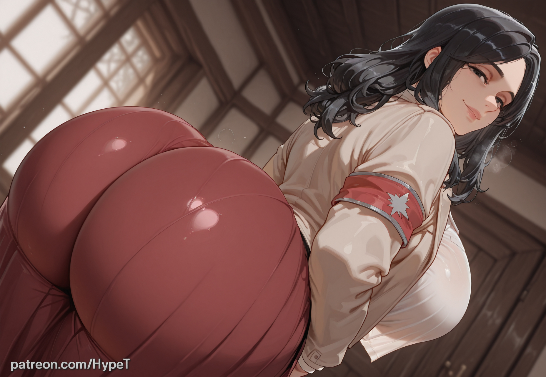 ai generated, alternate version at source, ass focus, attack on titan, back view, big ass, big breasts, big butt, black hair, fat ass, female, female only, hypet, indoors, jacket, pieck finger, shingeki no kyojin, shiny skin, skirt, steam, steaming body, steamy, tagme, thick ass, thick hips, thick legs, thick thighs, thighs, tired eyes, wide hips