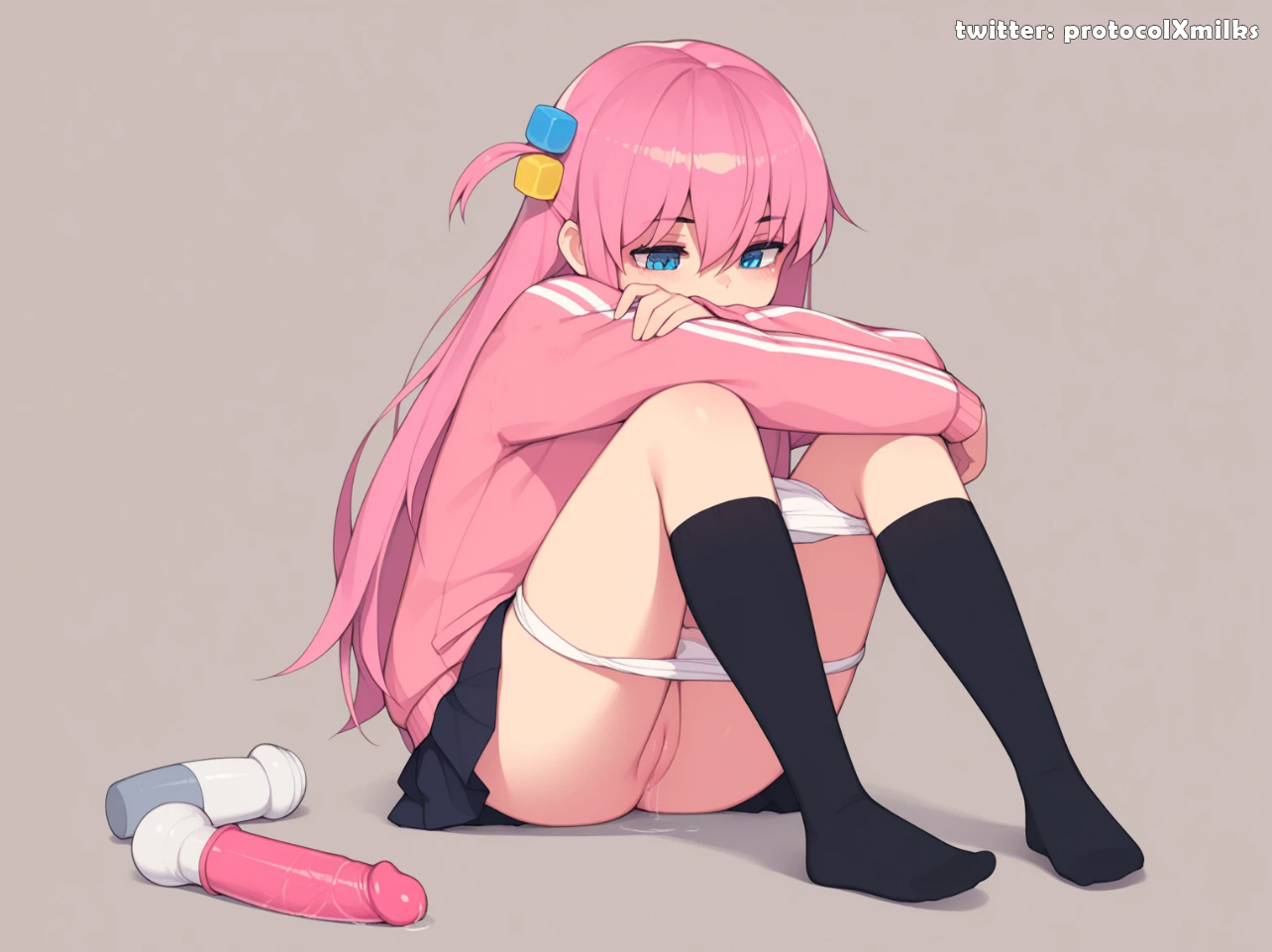1girl, ai generated, bangs, black skirt, black socks, blue eyes, bocchi the rock!, cube hair ornament, dildo, female, full body, gotou hitori, grey background, hair between eyes, hair ornament, jacket, kneehighs, knees up, long hair, long sleeves, looking down, no shoes, one side up, orgasm face, panties, panty pull, pink hair, pink jacket, pleated skirt, protocolxmilks, pussy, pussy juice, sex toy, simple background, sitting, skirt, sloppy, socks, solo, squirting, track jacket, uncensored, underwear, vibrator, white panties