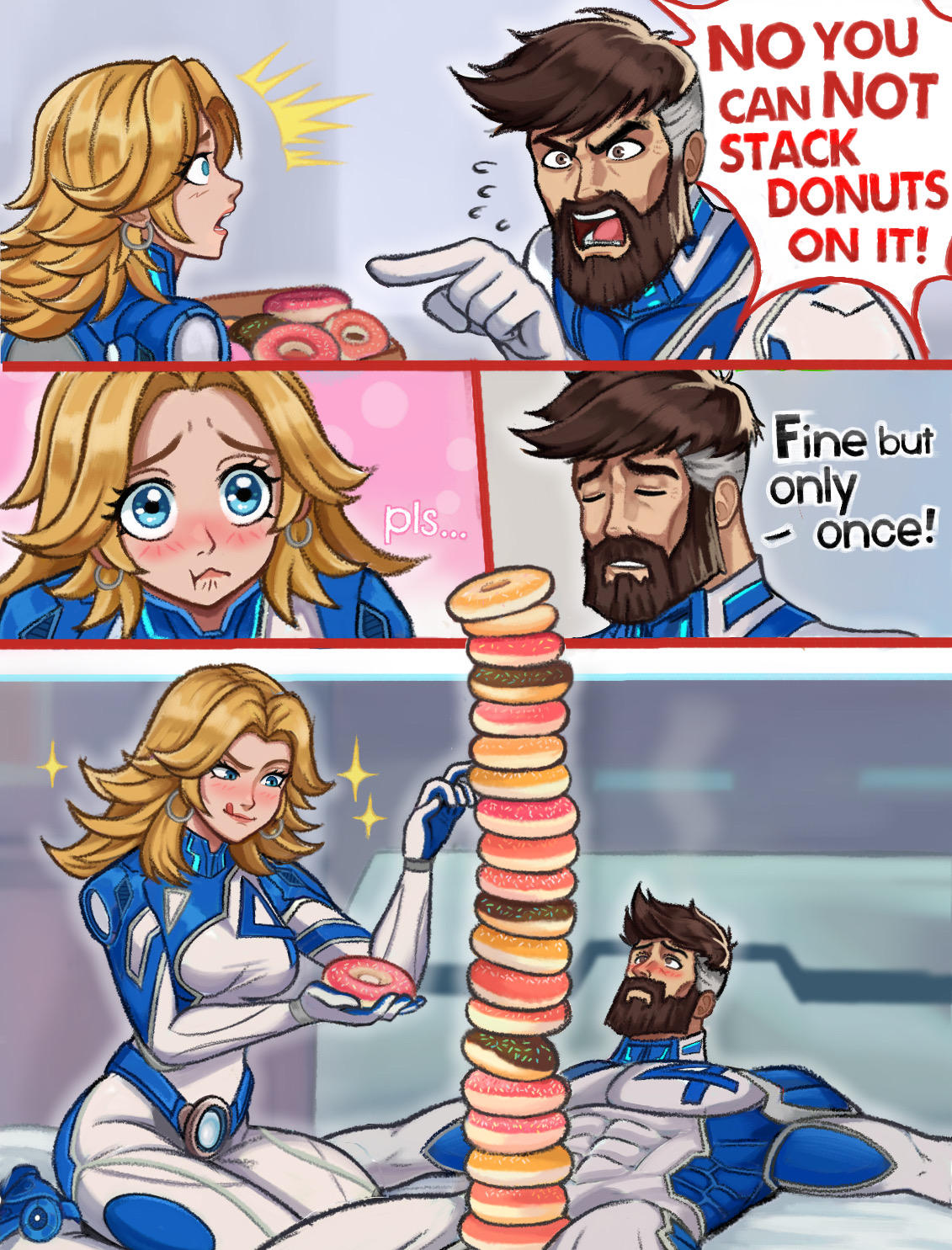 1boy, 1boy1girl, 1boy1girls, 1boys, 1female, 1female1male, 1females, 1girl, 1girl1boy, 1girls, 1male, 1male1female, 1males, 2d, 2d (artwork), 2d art, 2d artwork, beard, blonde hair, blue eyes, canon couple, comedy, comic, couple, daddy, dild, disney, donut, fantastic four, female, funny, hetero, hetero couple, humor, husband and wife, invisible woman, invisible woman (marvel rivals), male, married couple, marvel, marvel comics, marvel rivals, mr fantastic, mr fantastic (marvel rivals), muscular, muscular male, neggoartz, netease games, no visible genitalia, oddly wholesome, puppy dog eyes, puppy eyes, reed richards, reed richards (marvel rivals), stacking donuts, straight, straight couple, sue storm, susan storm, tagme, wholesome