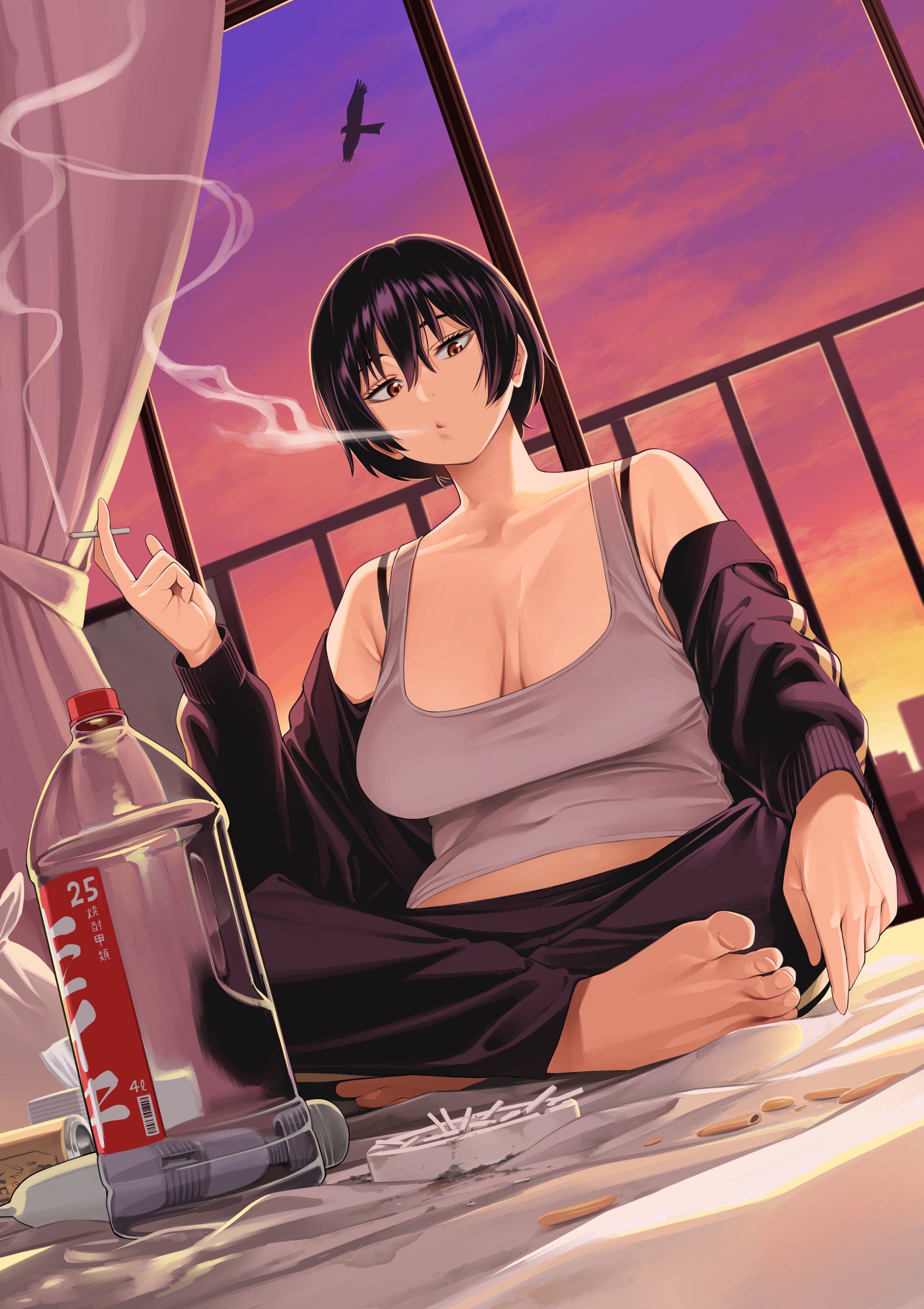 barefoot, big breasts, breasts, chubby, chubby female, cigarette, cleavage, clothed, full body, girlfailure, hitachi magic wand, holding cigarette, indoors, izumida fuyuki, large breasts, neet, no bra, off shoulder, official art, plump, purple hair, sagging breasts, short hair, smoke, smoking, smoking cigarette, sunset, sweatpants, toes, track suit, vibrator, yotaka aoi, yotaka futatabi