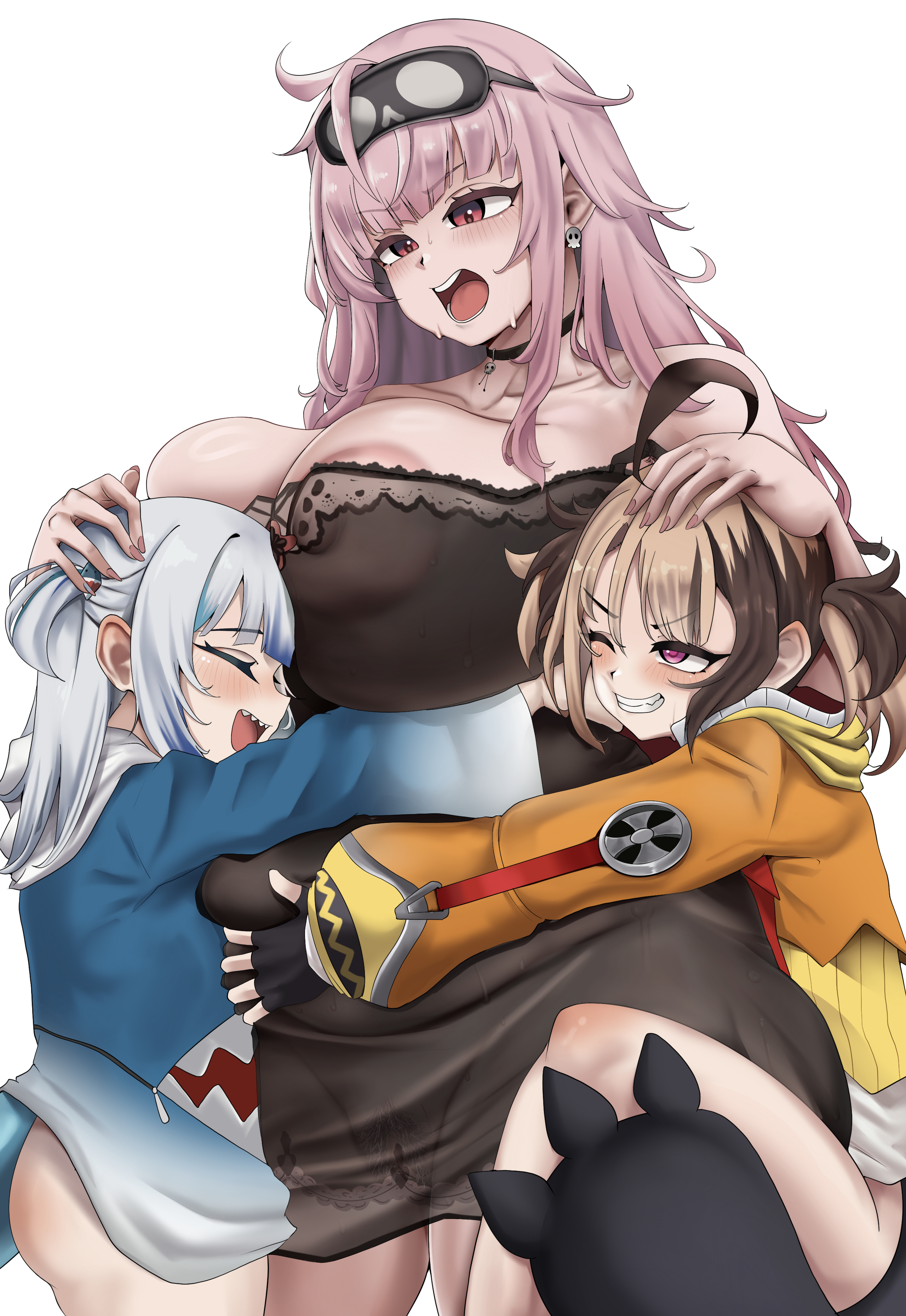 3girls, areola slip, bbw, big belly, chubby, chubby belly, female, female only, gawr gura, gigi murin, gigi murin (1st costume), hololive, hololive english, hololive english -justice-, hololive myth, hug, huge areolae, huge breasts, mori calliope, muscleboii, pink eyes, sweat, thick thighs, virtual youtuber, white background