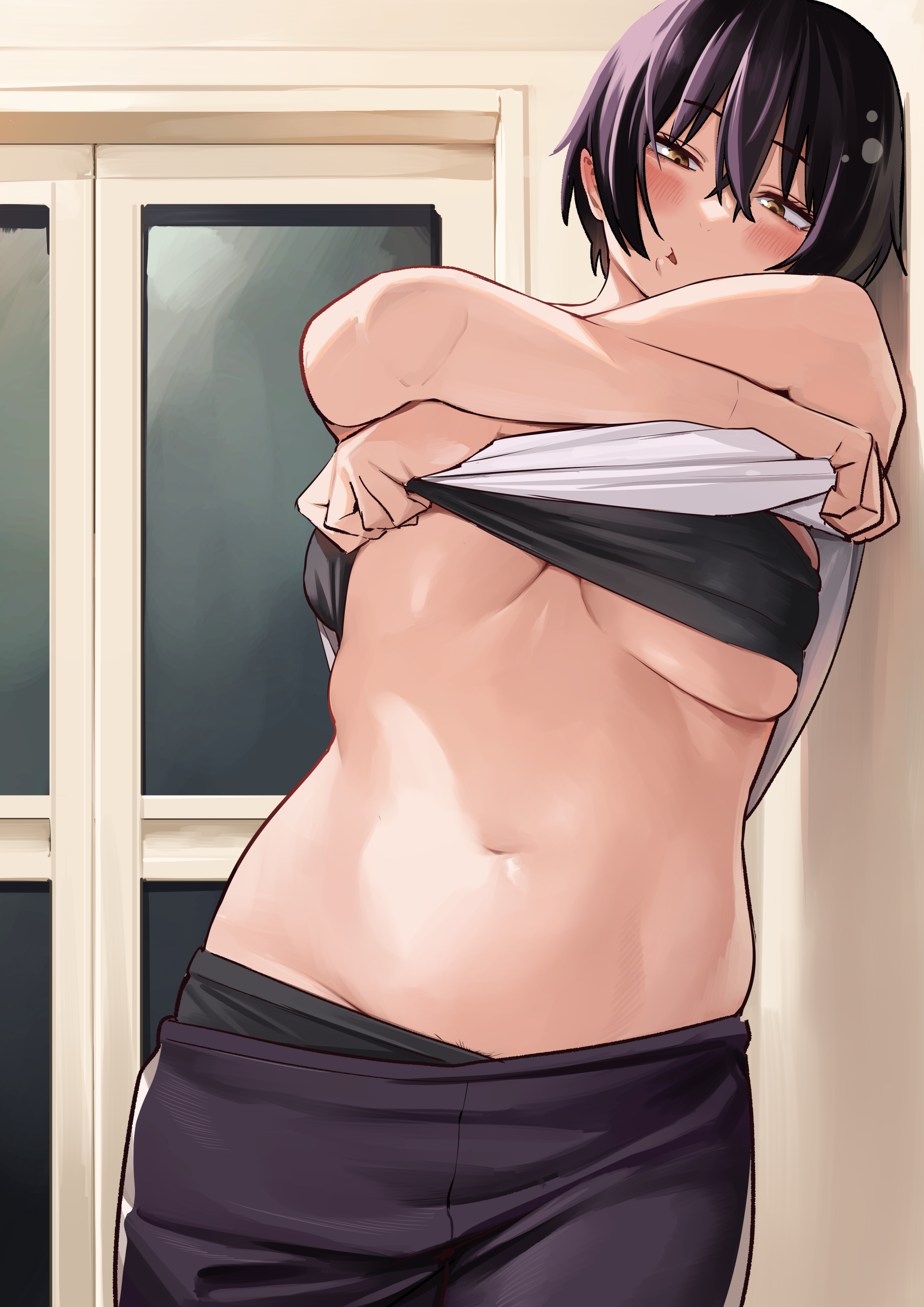 1girls, against wall, belly, blush, breasts, chubby, chubby female, drunk, female, indoors, izumida fuyuki, large breasts, leaning against wall, lifted by self, milf, navel, neet, official art, plump, pubic hair peek, purple hair, shirt lift, short hair, solo, sports bra, sweat, sweatpants, tomboy, underboob, undressing, yotaka aoi, yotaka futatabi