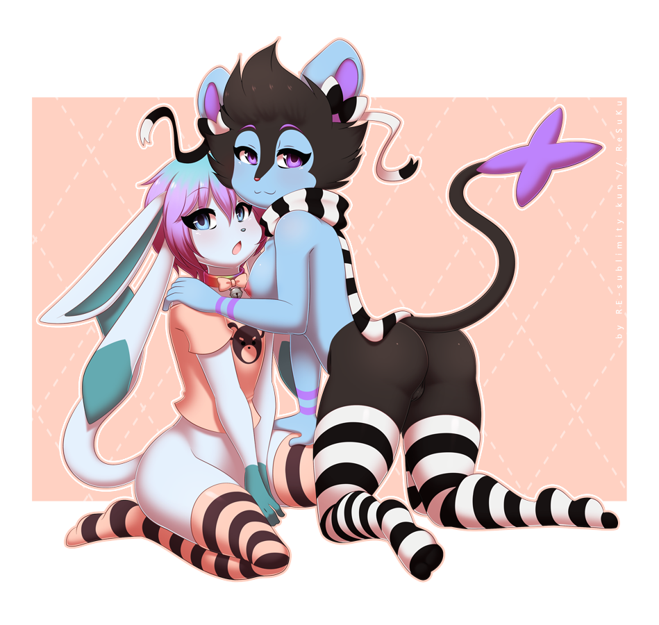 anthro bow chroma clothing collar cute eeveelution glaceon glacey heart legwear looking_at_viewer luxio nintendo pokemon rainbow re-sublimity-kun stockings stripes video_games