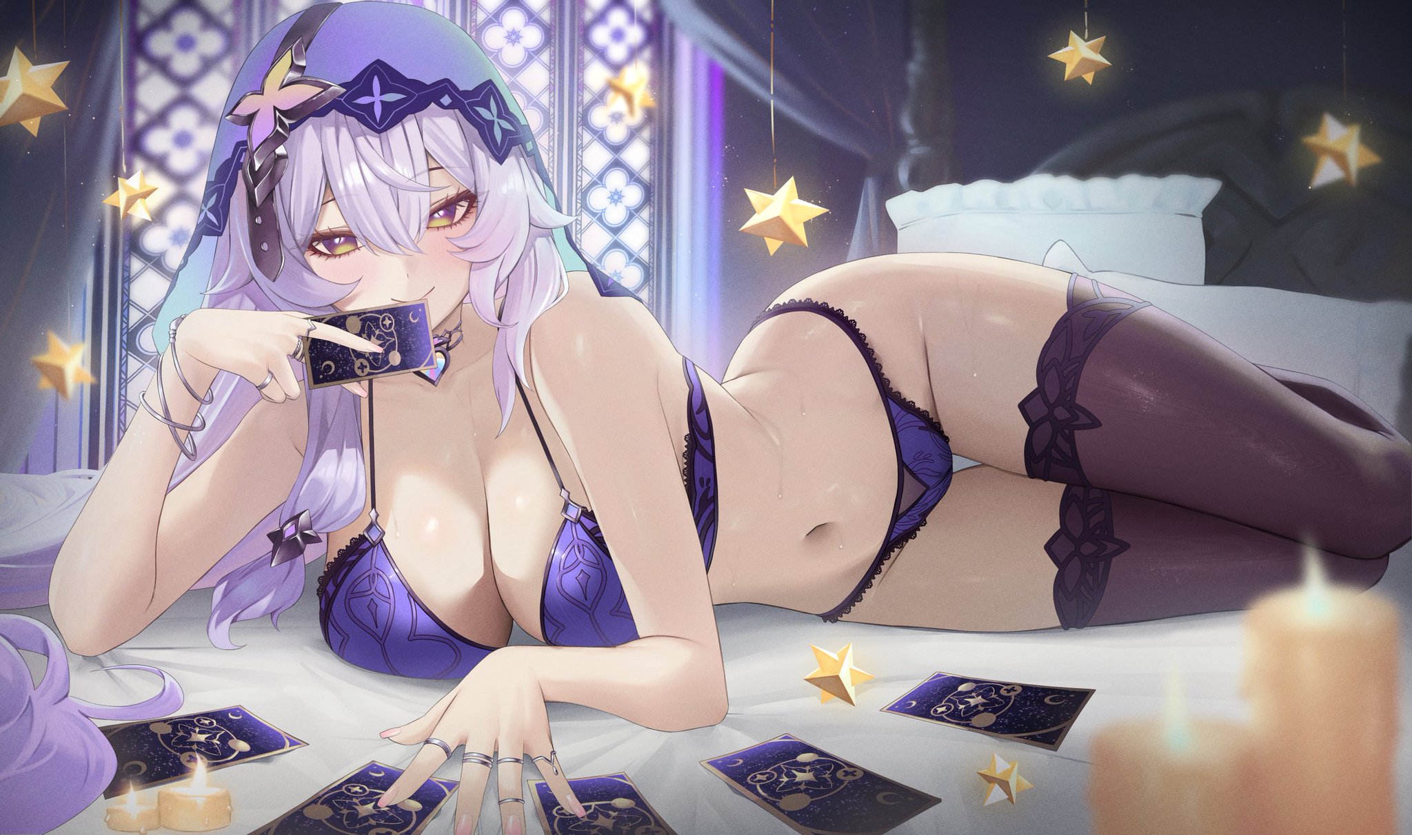 1girls, black swan (honkai: star rail), black thighhighs, female, female only, honkai (series), honkai: star rail, hoyoverse, light purple hair, lingerie, long hair, mihoyo, on bed, on side, purple lingerie, thighhighs, veil, vitaminechan