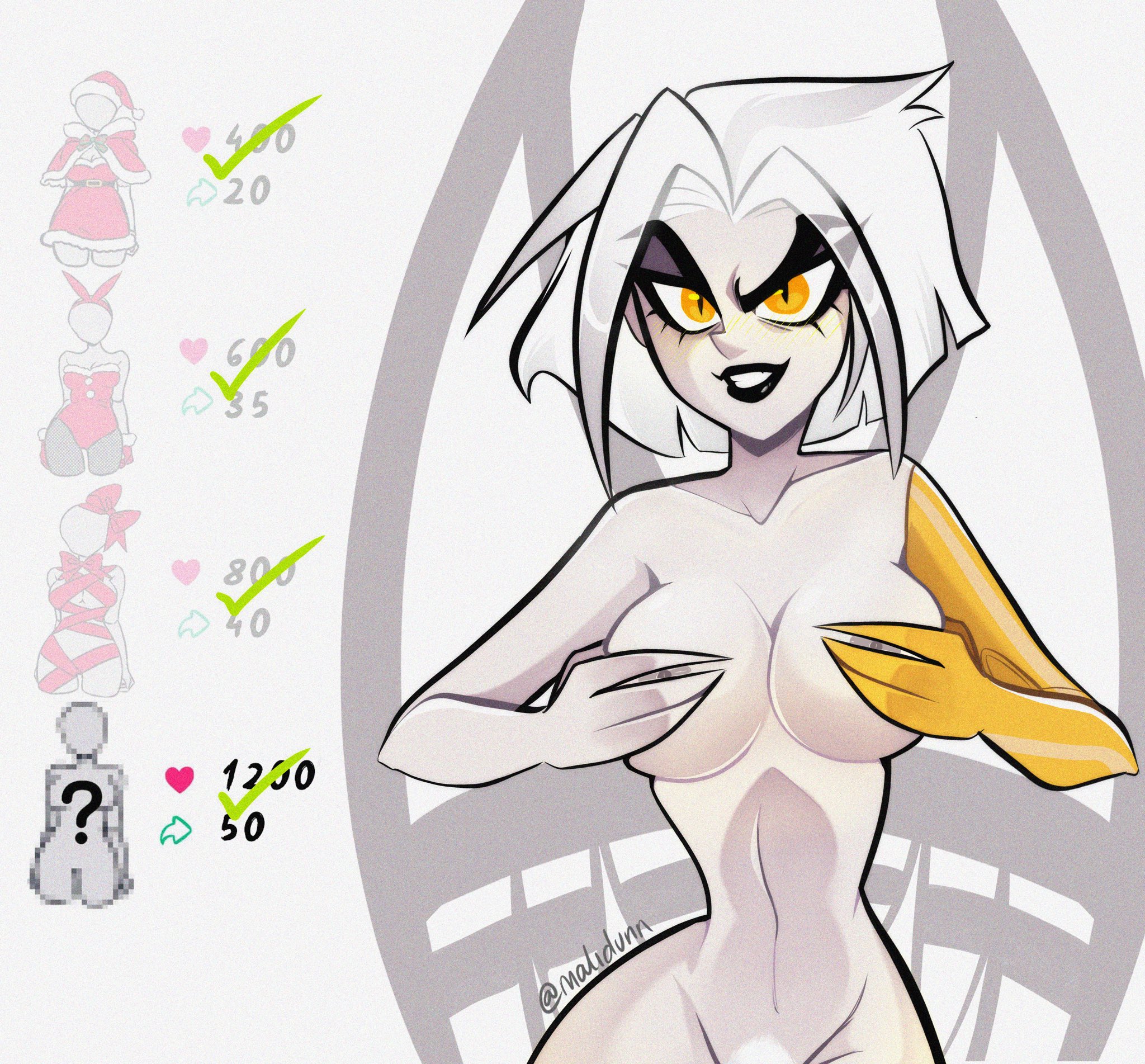 1girls, angel, angel girl, angel wings, bare arms, bare breasts, bare legs, bare shoulders, bare thighs, big breasts, color, covering breasts, female, female focus, female only, hazbin hotel, hi res, large breasts, light skin, light-skinned female, looking at viewer, lute (hazbin hotel), nude, nude female, short hair, solo, solo female, tagme, thick thighs, vivienne medrano, white hair, yellow eyes