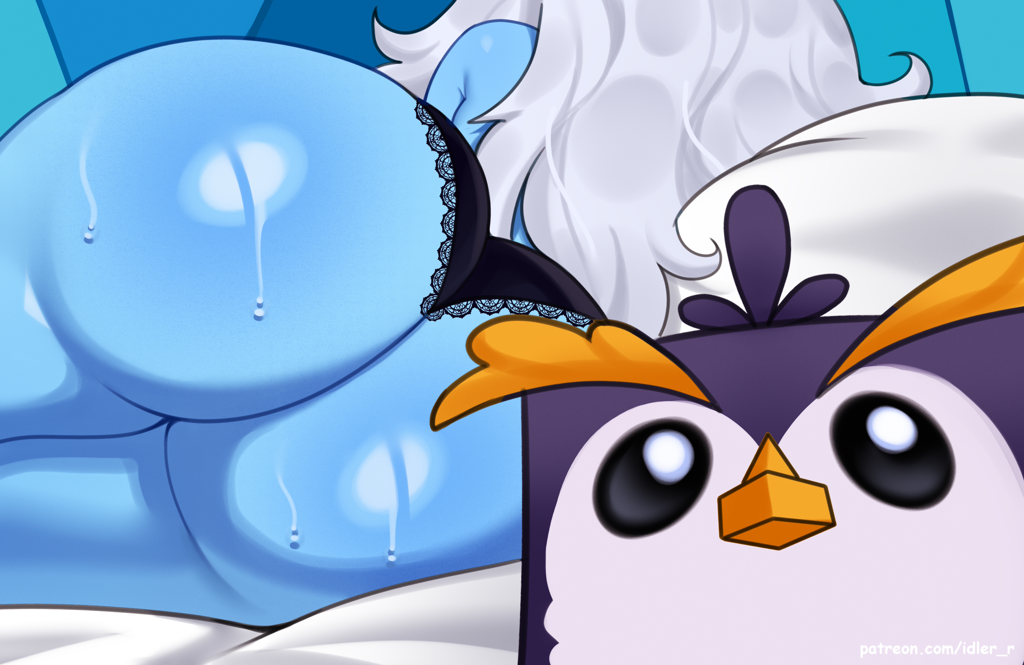 2d, 2d (artwork), 2d artwork, adventure time, ass, female, gunter, gunter (adventure time), hair, ice queen (adventure time), idler r, lips, penguin, solo, sweat, sweatdrop, sweating, sweaty, sweaty ass, sweaty body, thick, thick ass, thick hips, thick legs, thick thighs, thighs, white hair