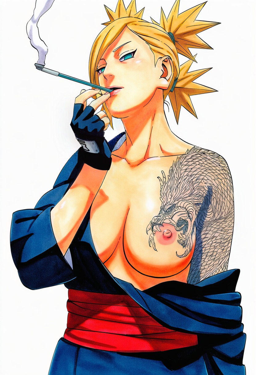 1girls, accurate art style, accurate body type, ai generated, aqua eyes, areola, areolae, arm tattoo, blonde female, blonde hair, blue kimono, breast focus, breast tattoo, breasts, cel shading, cigarette, cigarette in mouth, clavicle, collarbone, cowboy shot, dragon print, dragon tattoo, exposed breast, facing viewer, fanart, female, female focus, female only, fingerless gloves, front view, full color, gloves, green eyes, head tilt, irezumi, japanese clothes, kimono, kiseru, light skin, light-skinned female, line art, looking at viewer, masashi kishimoto style, naruto, naruto (series), naruto shippuden, nipples, no background, no bra, obi, off shoulder, one breast out, open clothes, open kimono, pink nipples, pose, quad tails, red sash, robe, sash, shiny skin, short hair, shoulder tattoo, simple background, smoke, smoking, smoking pipe, smooth skin, solo, solo female, solo focus, spiky hair, standing, tattoo, tattooed arm, temari, three-quarter portrait, tied hair, topless, twintails, upper body, warm colors, warm lighting, white background, ㅇㅇ