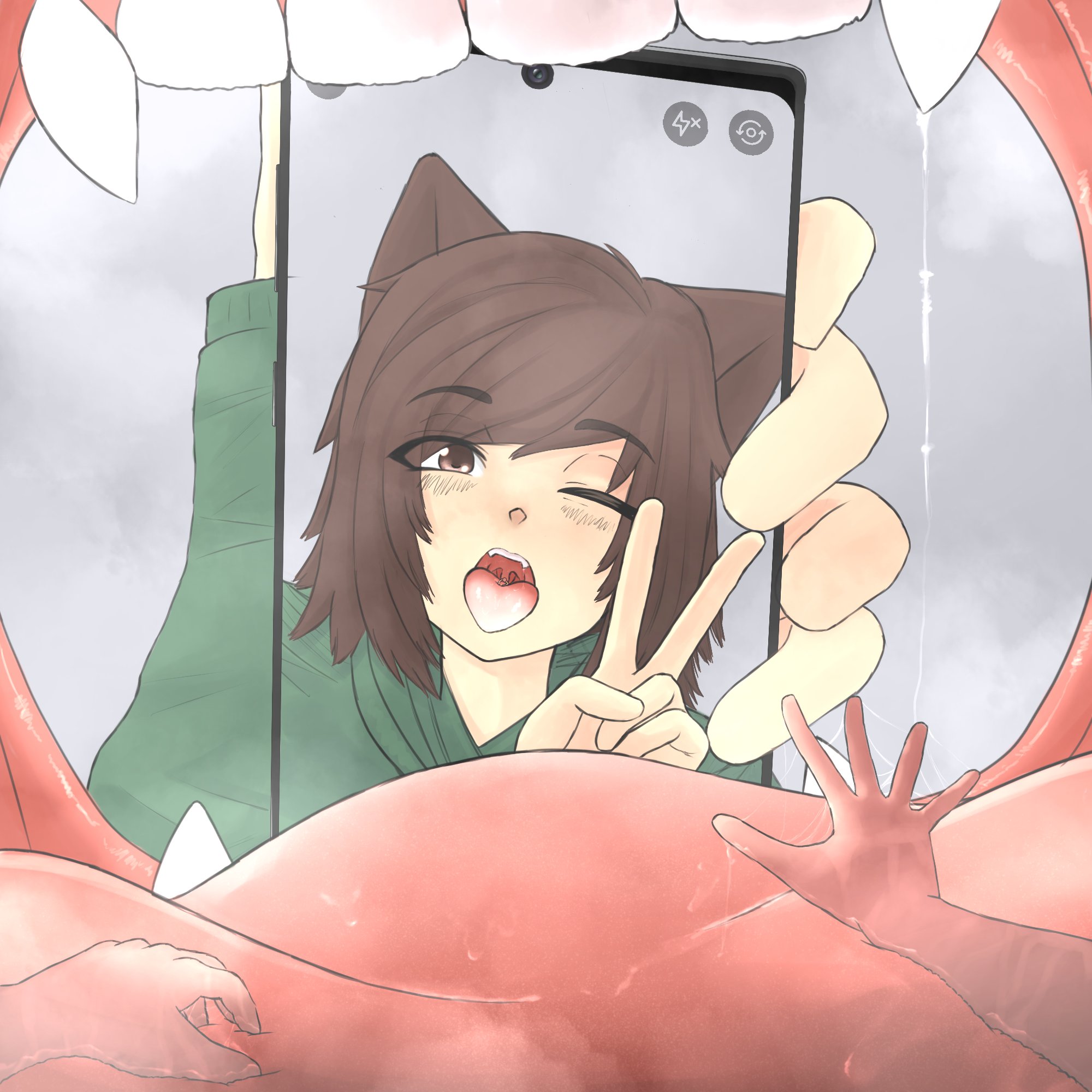 1boy, 2d, blush, cat ears, catboy, clothed, color, dominant male, fangs, first person view, gaycatte, giant, giant male, hoodie, imminent vore, itameowmeow, larger male, macro, male, male focus, male only, maw, mawplay, mawshot, micro, peace sign, phone, playful, pov, pov hands, saliva, selfie, smartphone, steam, steamy breath, tongue, tongue out, twink, vore, wink, winking at viewer