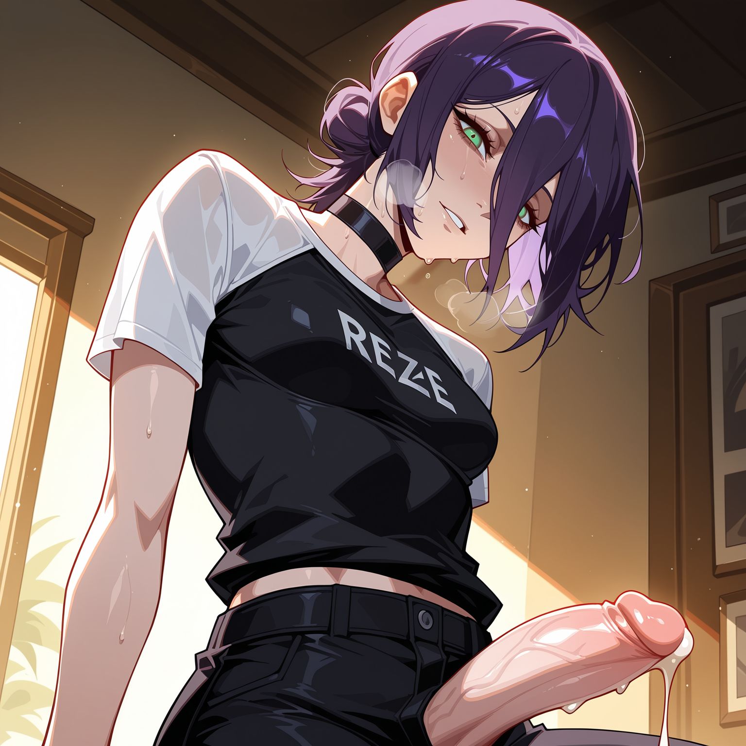 ai generated, anime, arm support, black choker, black pants, black shirt, blush, breasts, breath, chainsaw man, choker, clothes writing, clothing, cum, cum in clothes, cum on penis, cum string, cumdrip, denim, erection, female, futanari, green eyes, grin, hair between eyes, hair bun, heavy breathing, huge cock, indoors, jeans, large penis, looking at viewer, lunaart, medium breasts, midriff peek, open fly, open pants, pants, parted lips, penis, penis out, precum, purple hair, raglan sleeves, reze (chainsaw man), shirt, short hair, short sleeves, single hair bun, sitting, small breasts, smile, solo, sunlight, sweat, t-shirt, teeth, two-tone shirt, veins, veiny penis, white shirt, window