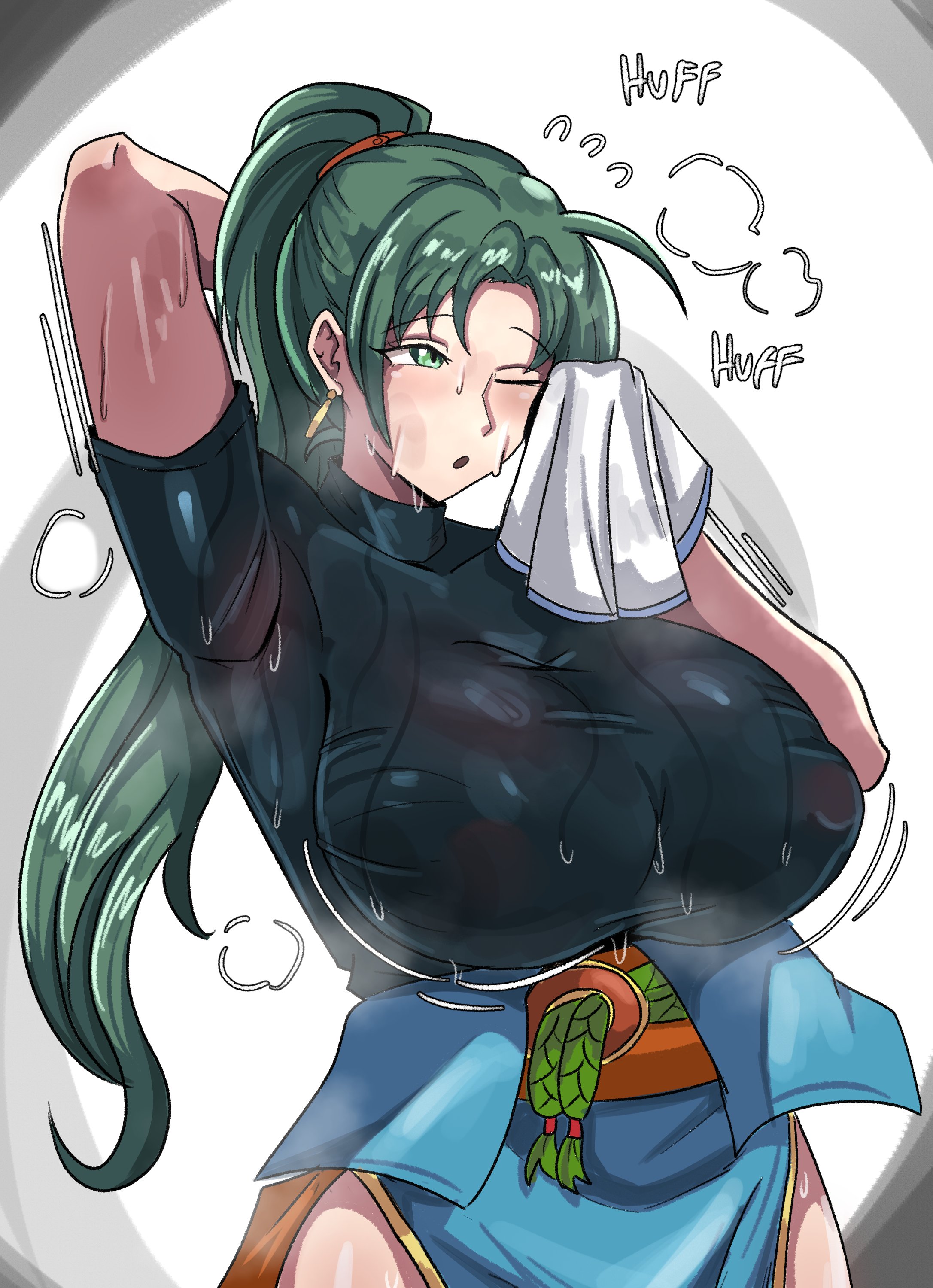 absurd res, armpit fetish, armpits, big breasts, breasts, clothed, clothing, female, female focus, female only, fire emblem, fire emblem heroes, grayside, green eyes, green hair, hi res, huge breasts, large breasts, light skin, light-skinned female, lyn (fire emblem), lyndis (fire emblem), musk, musk clouds, nintendo, ponytail, solo, steam, steaming body, sweat, sweatdrop, sweating, thighs, towel, wide hips