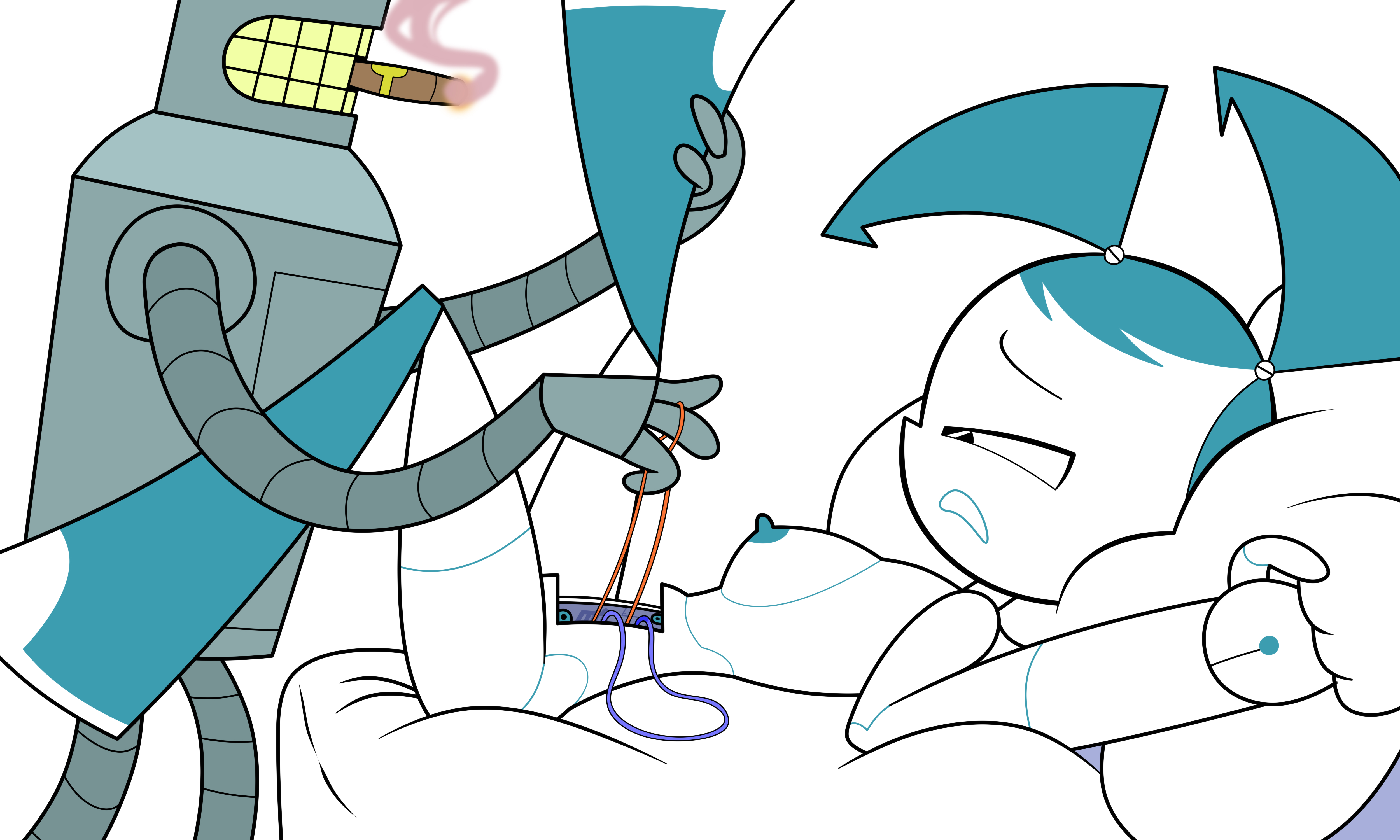 1boy, 1girls, bender bending rodriguez, blue hair, blue nipples, breasts, crossover, futurama, gyaradosageiii, jenny wakeman, medium breasts, my life as a teenage robot, robot, robot girl, robot humanoid, twintails, white skin, wire, wireplay, wires