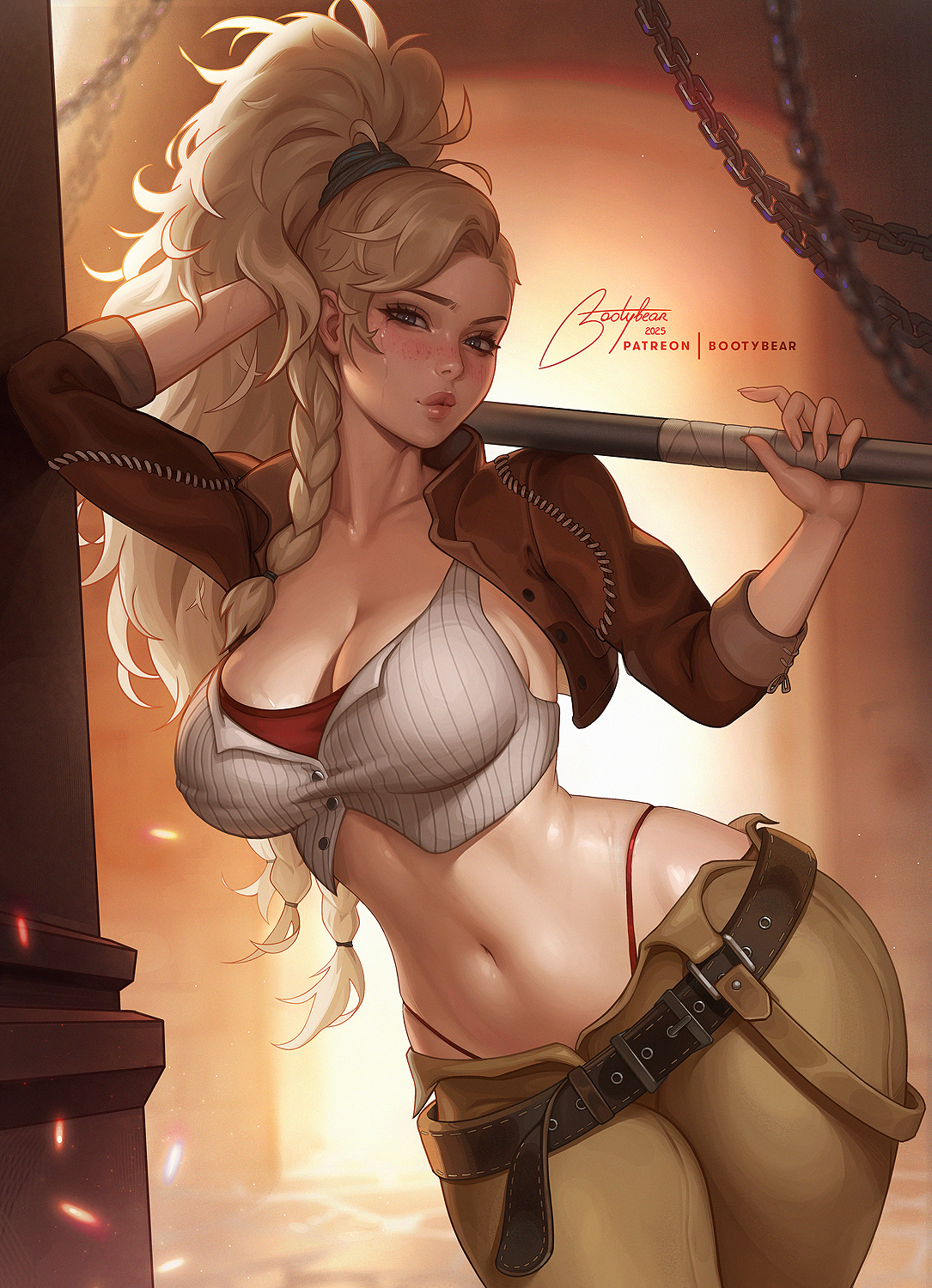 1girls, asymmetrical hair, blonde hair, blue eyes, bootybear, braid, breasts, cleavage, commentary, crop top, cropped jacket, english commentary, female, female only, freckles, gemma (monster hunter wilds), highleg, highleg panties, highres, jacket, large breasts, leather, leather belt, leather jacket, lips, long hair, looking at viewer, monster hunter (series), monster hunter wilds, multiple braids, navel, open clothes, open jacket, panties, patreon username, ponytail, signature, solo, underwear, wide hips