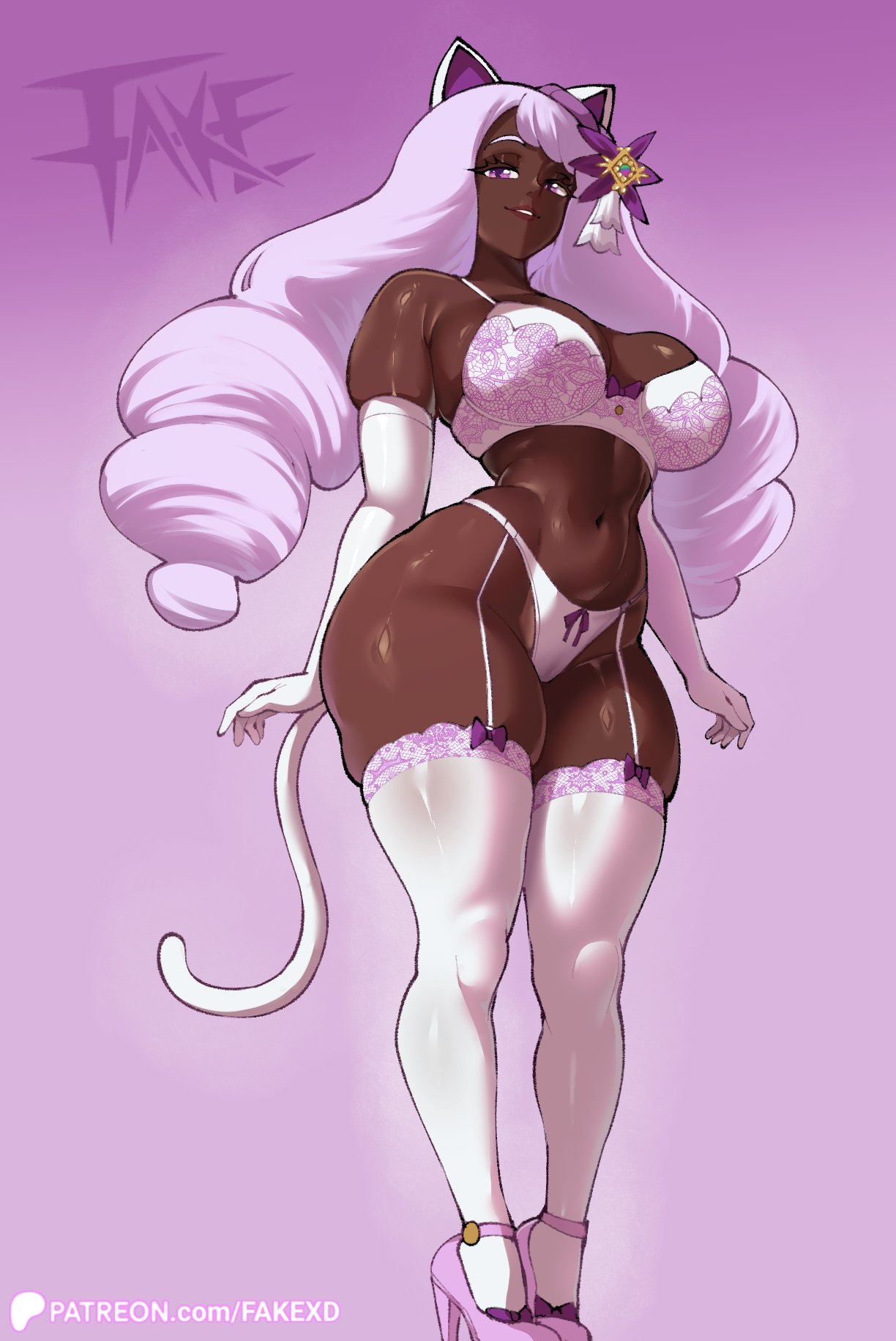 1girls, big breasts, cat ears, cat tail, catgirl, clothing, dark skin, dark-skinned female, fake (artist), female, female only, heels, hi res, jacinthe (pokemon), lingerie, long hair, looking at viewer, lord socar, pokemon, pokemon legends: z-a, purple background, purple eyes, purple hair, smiling, smiling at viewer, solo, stockings, tail, thick, thick thighs, white lingerie, white stockings, yukari (pokemon)