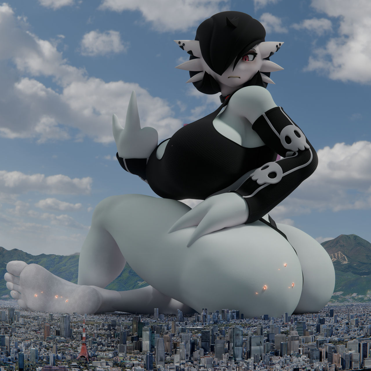 1girls, 3d, 3d (artwork), annoyed, annoyed expression, ass, barefeet, barefoot, big ass, big butt, black hair, black hair female, female, female focus, female only, gardevoir, giantess, giga giantess, goth, goth girl, grime gardevoir (coel3d), large ass, large butt, middle finger, nintendo, pokemon, pokemon (species), pyroskully, solo, solo female, solo focus, video game character
