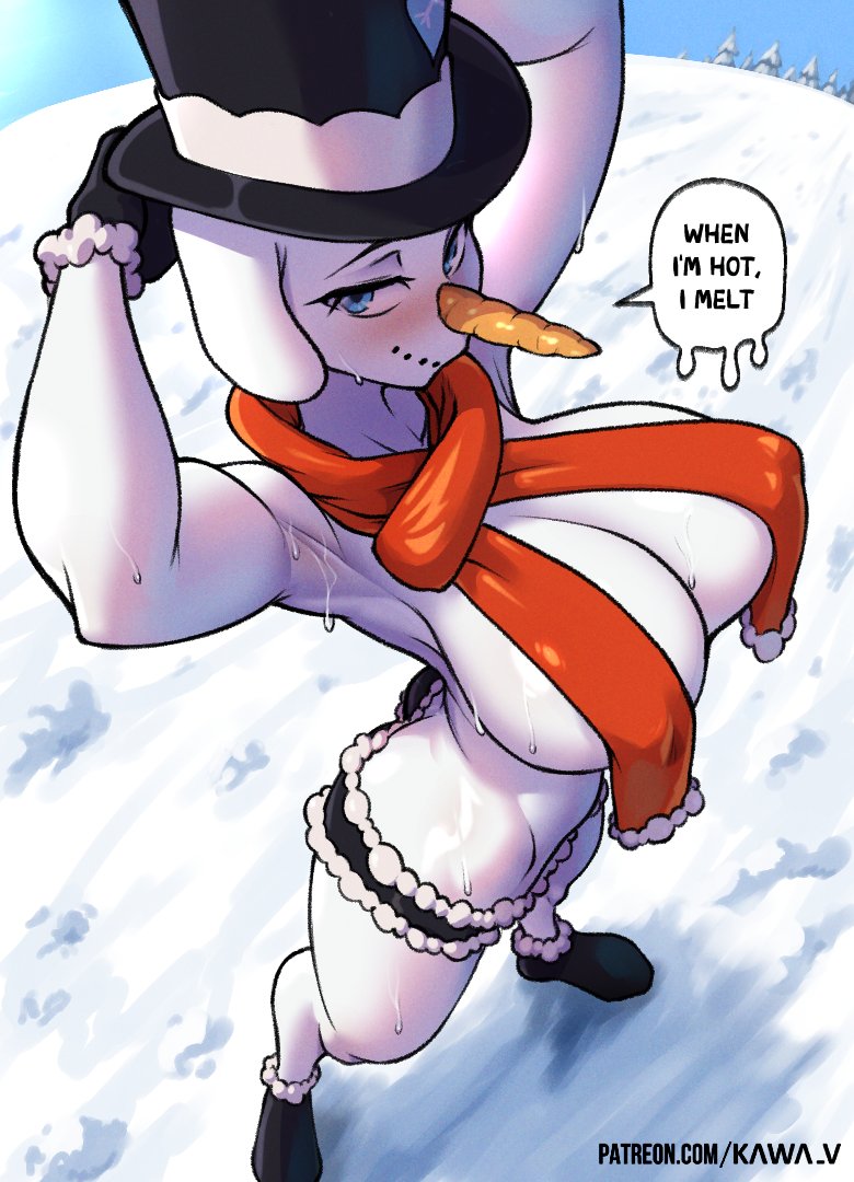 1girls, bare arms, bare legs, bare shoulders, bare thighs, big breasts, clothed, clothing, color, english text, female, female focus, female only, hat, hi res, kawa-v, large breasts, light skin, light-skinned female, looking at viewer, nipple bulge, original character, snow, snowwoman, solo, solo female, tagme, text, text bubble, thick thighs