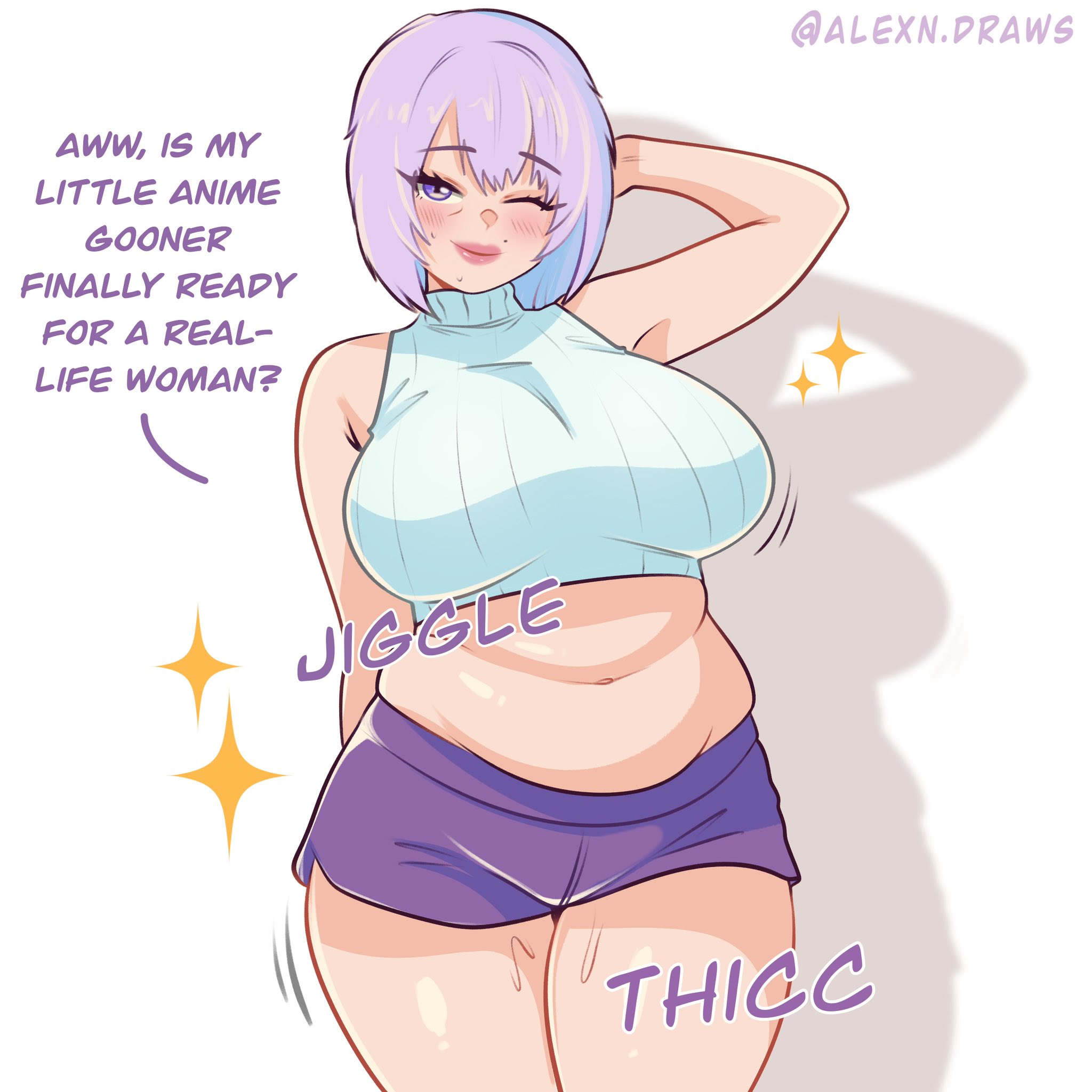 1female, 1girls, 2020s, 2025, 2025s, alexndraws, big breasts, big thighs, breasts, chubby, chubby female, digital drawing (artwork), digital media (artwork), female, female focus, female only, huge breasts, huge thighs, jiggle, jiggling, jiggling belly, jiggling breasts, jpg, mommy, no background, one eye closed, original, purple hair, short hair, short shorts, shorts, simple background, solo, solo female, solo focus, sweater, sweater puppies, talking to viewer, thicc, thicc breasts, thicc thighs, thick thighs, thunder thighs, thunderthighs, twitter link, white background, wide hips, wide thighs