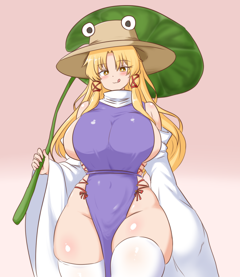 licking lips, mizusoba, revealing clothes, suwako moriya, tagme, thick thighs, touhou, water noodle