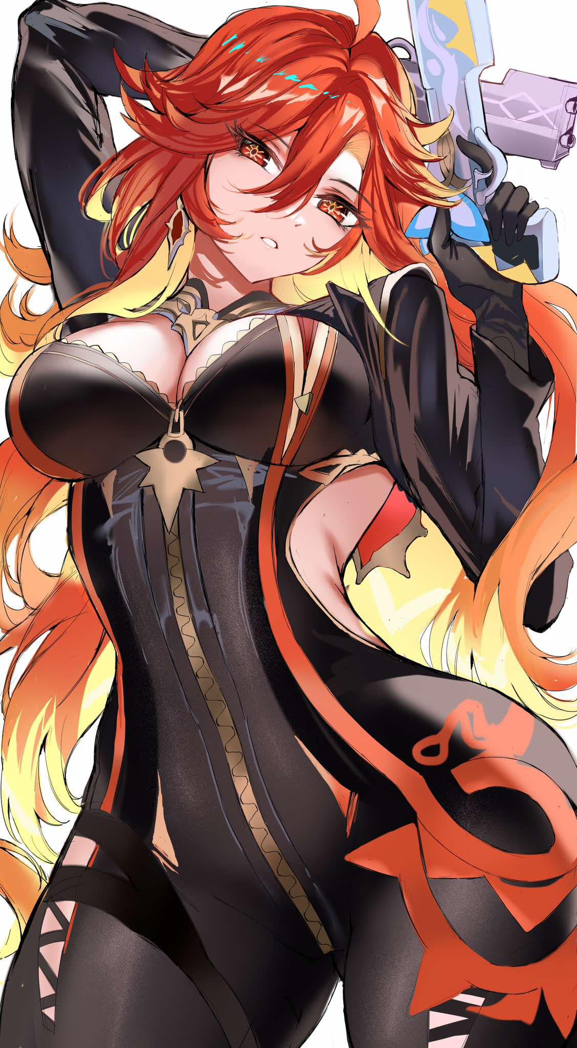 1girls, 2026, 2d, 2d (artwork), ahoge, big breasts, black bodysuit, black gloves, blush, bodysuit, breasts, earrings, female, female only, genshin impact, gloves, gun, hair between eyes, highres, holding, holding gun, holding weapon, jewelry, large breasts, long hair, looking at viewer, mature, mature female, mavuika (genshin impact), orange hair, parted lips, questionable, shibenc16e4, simple background, solo, solo female, symbol-shaped pupils, weapon, white background