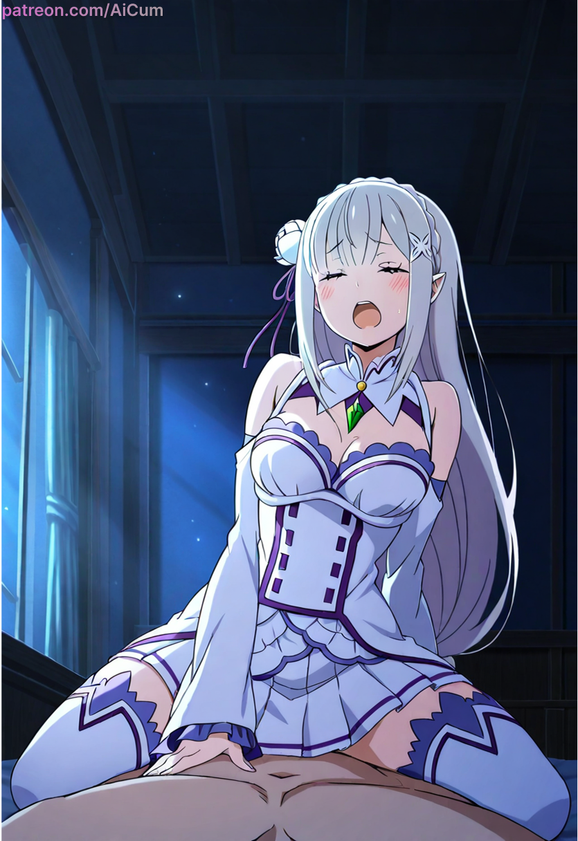 ai generated, cowgirl position, cute, emilia (re:zero), re:zero kara hajimeru isekai seikatsu, sex