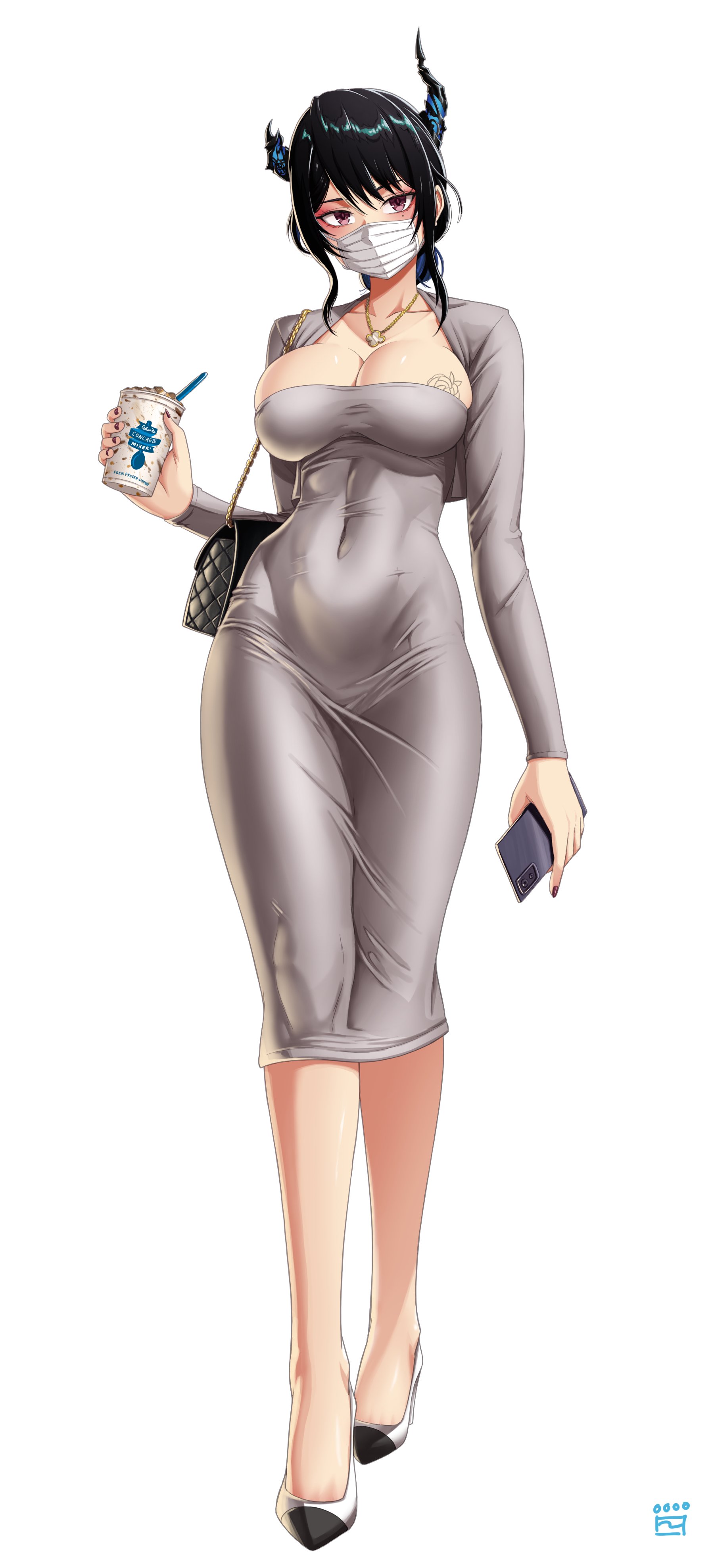 1girls, black hair, blush, breast tattoo, breasts, broken horn, cleavage, coffee cup, covered navel, dongtan dress, dress, female, female only, finalcake, full body, grey dress, high heels, holding phone, hololive, hololive english, horns, impossible clothes, large breasts, mask, mole, mole under eye, mouth mask, nail polish, nerissa ravencroft, painted fingernails, painted nails, purple eyes, purse, skin tight, solo, tattoo, tight clothing, tight dress, virtual youtuber, vtuber