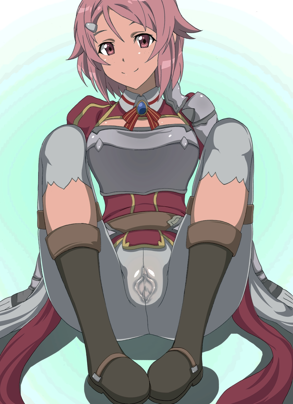 aincrad armor blush chestplate female female_only gloves hair_ornament hairclip high_resolution lisbeth pink_eyes pink_hair ps3c0d8f shinozaki_rika short_hair smile solo spread_legs spread_vagina spread_vagina_under_clothes sword_art_online uncensored vagina