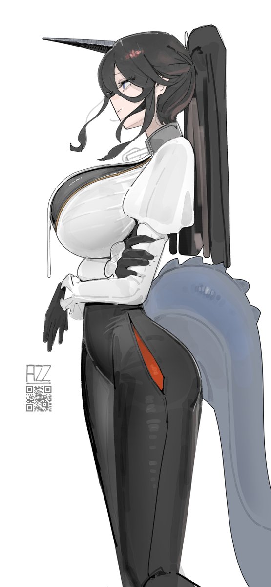 1girls, 2026, animal tail, azz0422, big breasts, black hair, blue eyes, breasts, closed mouth, clothed, clothing, color, colored, curvy, curvy figure, female, female only, fully clothed, hair, hi res, huge breasts, light skin, light-skinned female, ponytail, qr code, simple background, solo, tail, thick thighs, thighs, white background