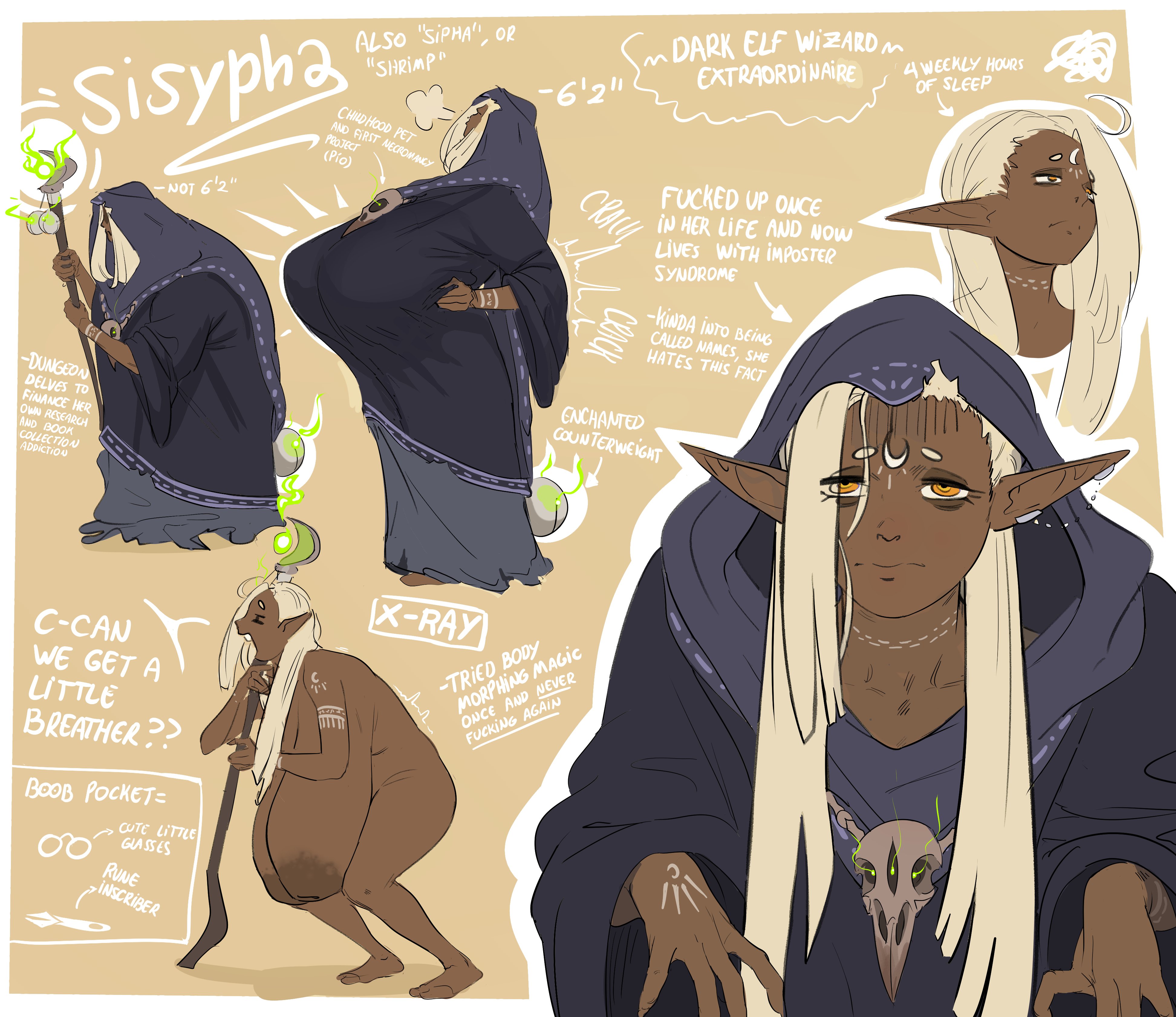 bags under eyes, blonde hair, character sheet, dark-skinned female, dreamy pride, elf, gigantic breasts, half-closed eyes, hyper breasts, leaning forward, nude, original, pointy ears, robe, staff
