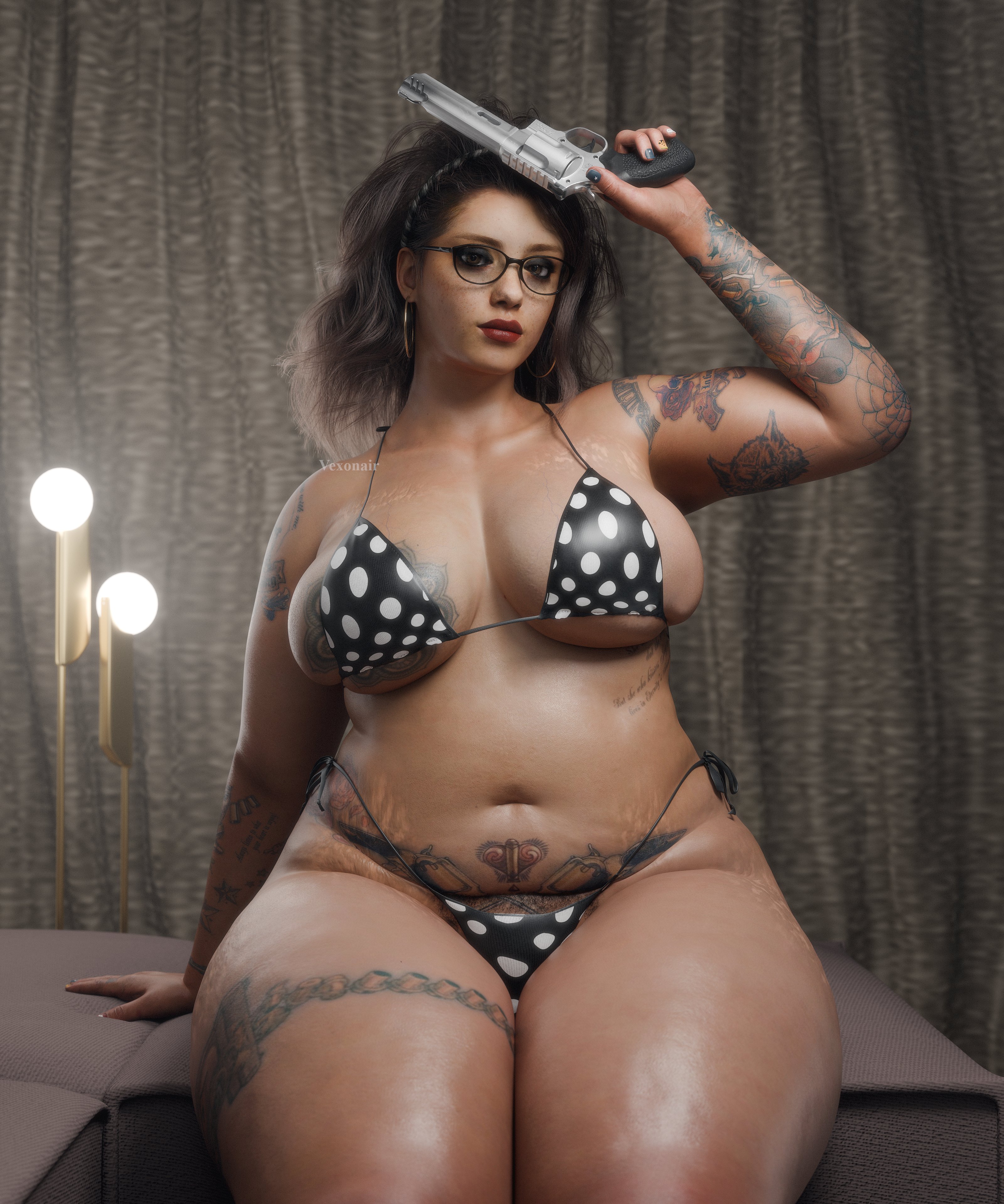 1girls, 3d, 3d artwork, 3d model, 3d render, alternate body type, arm support, arm tattoo, arm up, bbw, big breasts, bikini, bikini bottom, bikini top, black bikini, black bikini bottom, black bikini top, black bra, black clothing, black eyeshadow, black hair, black panties, black pubic hair, black underwear, bra, breast tattoo, breasts, brown eyes, busty, chubby, chubby female, clothing, curvaceous, curvaceous body, curvaceous female, curvaceous figure, curvy, curvy body, curvy female, curvy figure, detailed background, devil may cry, devil may cry (series), devil may cry 5, ear ring, earring, earrings, eyewear, female, female focus, female only, female pubic hair, glasses, gold earrings, gun, guns, hairband, holding gun, holding weapon, hoop ear ring, hoop earrings, huge thighs, indoors, large breasts, light skin, light-skinned female, lips, lipstick, looking at viewer, navel, nicoletta goldstein, panties, polka dot, polka dot bikini, polka dot bra, polka dot panties, polka dot underwear, pubic hair, pubic hair peek, red lips, red lipstick, revolver, sitting, sitting down, skimpy, skimpy bikini, skimpy clothes, skindentation, stomach tattoo, stretch marks, tagme, tattoo, tattoo on arm, tattoo on breast, tattoo on stomach, tattoo on thigh, tattooed thigh, tattoos, thick, thick female, thick thighs, thigh tattoo, underboob, underwear, vexonair, voluptuous, voluptuous body, voluptuous female, voluptuous figure