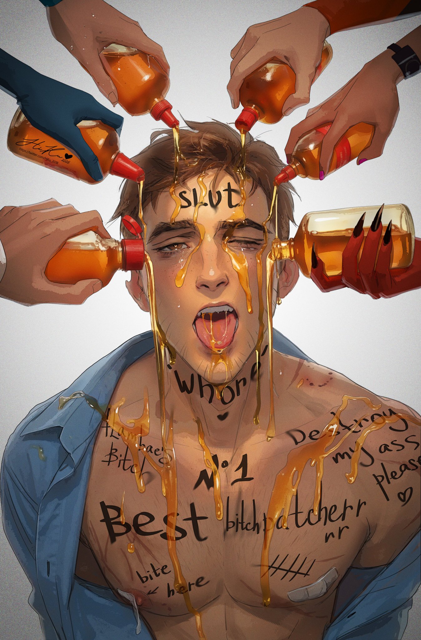 beer, bisexual, bisexual male, blonde blazer, cumdump, dispatch (game), dripping, female, flambae, hi-ku, hiku 2018, invisigal, male, male focus, malevola gibb, multiple boys, multiple females, multiple girls, multiple males, phenomaman, robert robertson, tongue out, waterboy (dispatch)