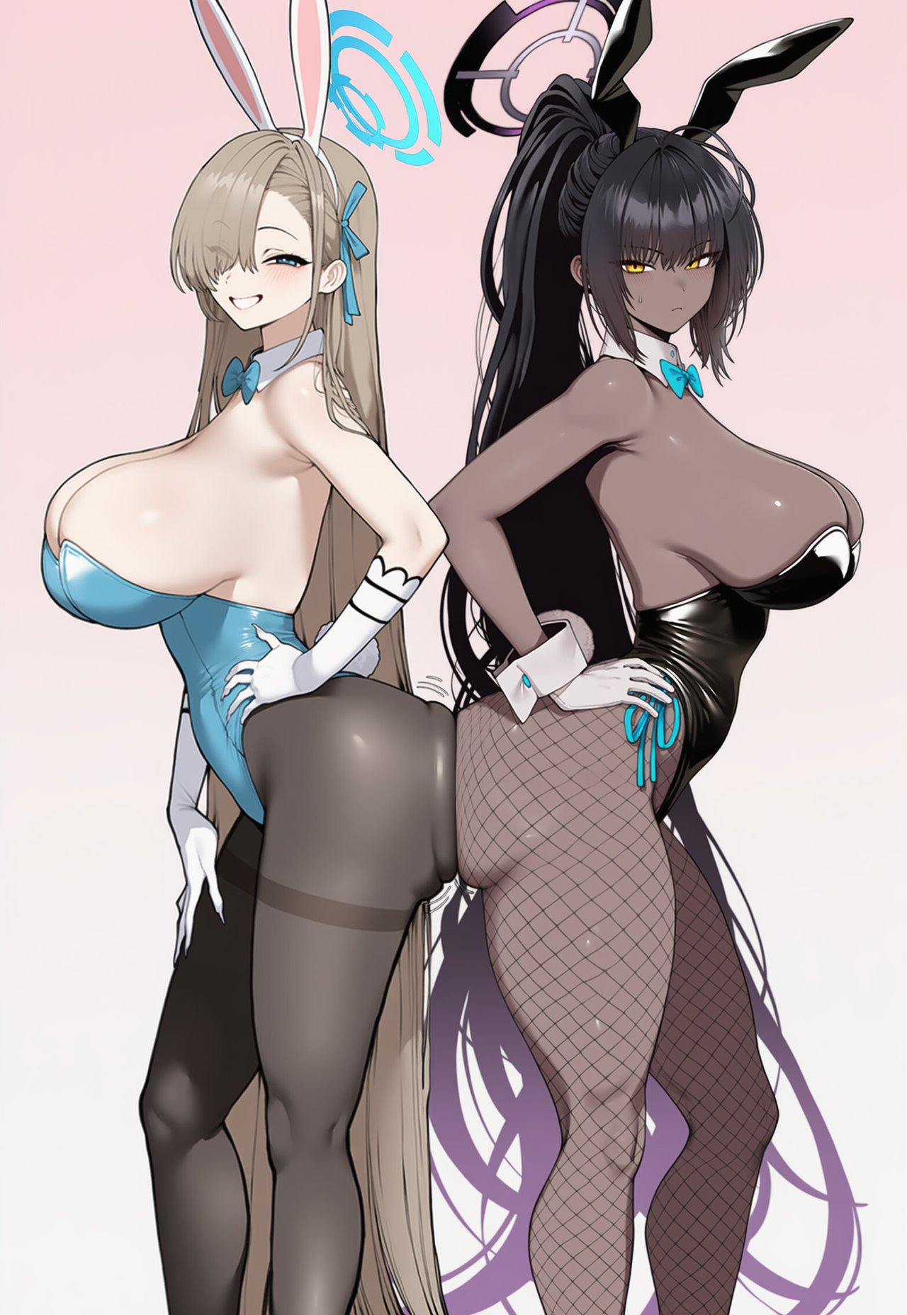 2girls, ai generated, ass, asuna (blue archive), asuna (bunny girl) (blue archive), asuna (bunny) (blue archive), big ass, black hair, blonde hair, blue archive, blush, breasts, bunny ears, bunny girl, bunny tail, bunnysuit, dark skin, dark-skinned female, duo, embarrassed, female, female only, grin, halo, huge ass, huge breasts, karin (blue archive), karin (bunny girl) (blue archive), karin (bunny) (blue archive), light skin, light-skinned female, long hair, looking at viewer, multiple girls, smile, smirk, sweat, sweatdrop, thick thighs, thighs, truck kun, truck-kun art, yuri