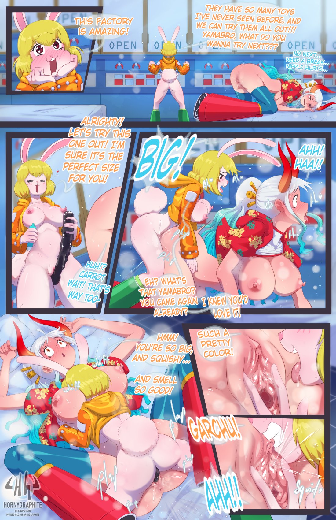2girls, anthro, aqua hair, areolae, ass, big breasts, biting clitoris, blonde hair, blonde-haired female, blush, breasts, carrot (one piece), clitoral stimulation, comic, dialogue, doggy style, english text, female, female only, female penetrating, female penetrating female, female/female, heavy blush, hi res, hornygraphite, leporid, long hair, nipples, one piece, pussy, pussy juice, sex, speech bubble, spread pussy, spreading, squirting, strap-on, tagme, two-tone hair, white hair, white-haired female, yamato (one piece), yuri