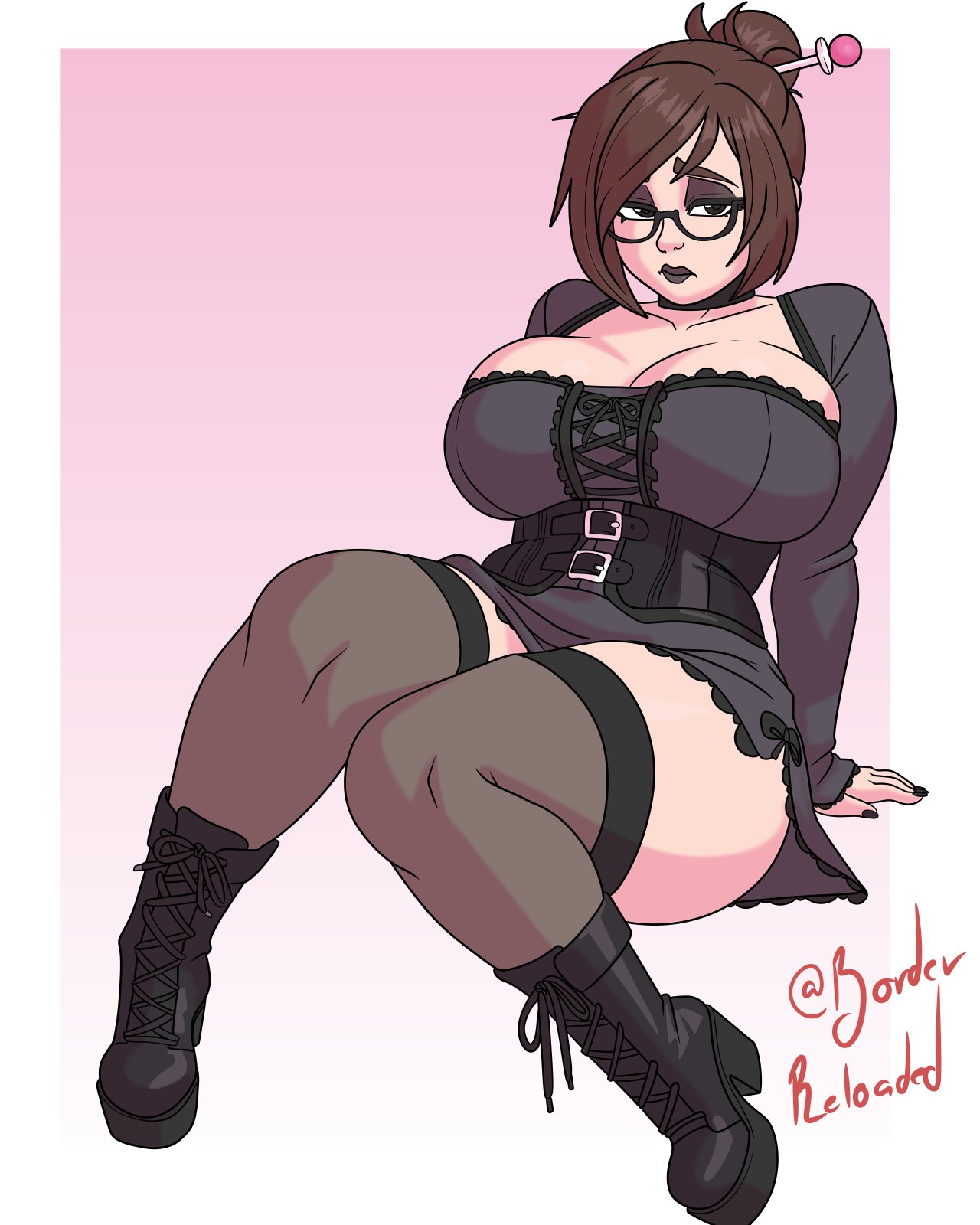 1female, 1girls, 2020s, 2026, 2026s, 2d, asian, asian female, big breasts, black boots, black clothing, black eyeshadow, black fingernails, black lipstick, blizzard entertainment, boots, borderreloaded, breasts, brown hair, brown hair female, brunette, brunette female, brunette hair, chinese, chinese female, choker, chubby, chubby female, cleavage, curvaceous, curvaceous figure, curvy, curvy body, curvy female, digital drawing (artwork), digital media (artwork), eyeshadow, fair skinned female, fair-skinned female, fair-skinned female body, female, female focus, female only, fingernails, glasses, goth, goth clothing, goth girl, gothified, heels, high heel boots, high heels, huge breasts, jpg, mei (overwatch), mei ling zhou, mei-ling zhou, neutral expression, overwatch, overwatch 2, platform heels, scientist, seated, simple background, sitting, solo, solo female, solo focus, thick, thick legs, thick thighs, thick thighs save lives, thighhighs, thunder thighs, thunderthighs, twitter link, two-tone background, video game character, video game franchise, video games, watermark