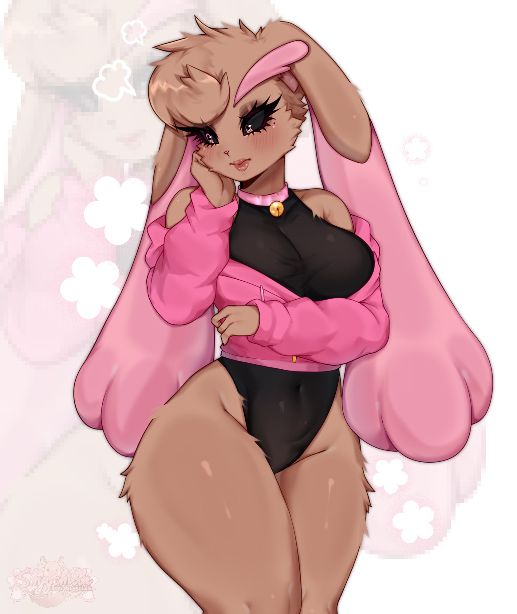 1girls, bell collar, big breasts, black sclera, blush, bodysuit, breasts, brown fur, bunny ears, bunny girl, collar, female, female focus, female only, flustered, fully clothed, fur, furry, furry female, furry only, hoodie, lopunny, pink eyes, pink fur, pink hoodie, pokemon, pokemon (species), shiny lopunny, shiny pokemon, shy, shyychilla, solo, solo female, solo focus, thick, thick thighs, tight clothing, two-tone fur