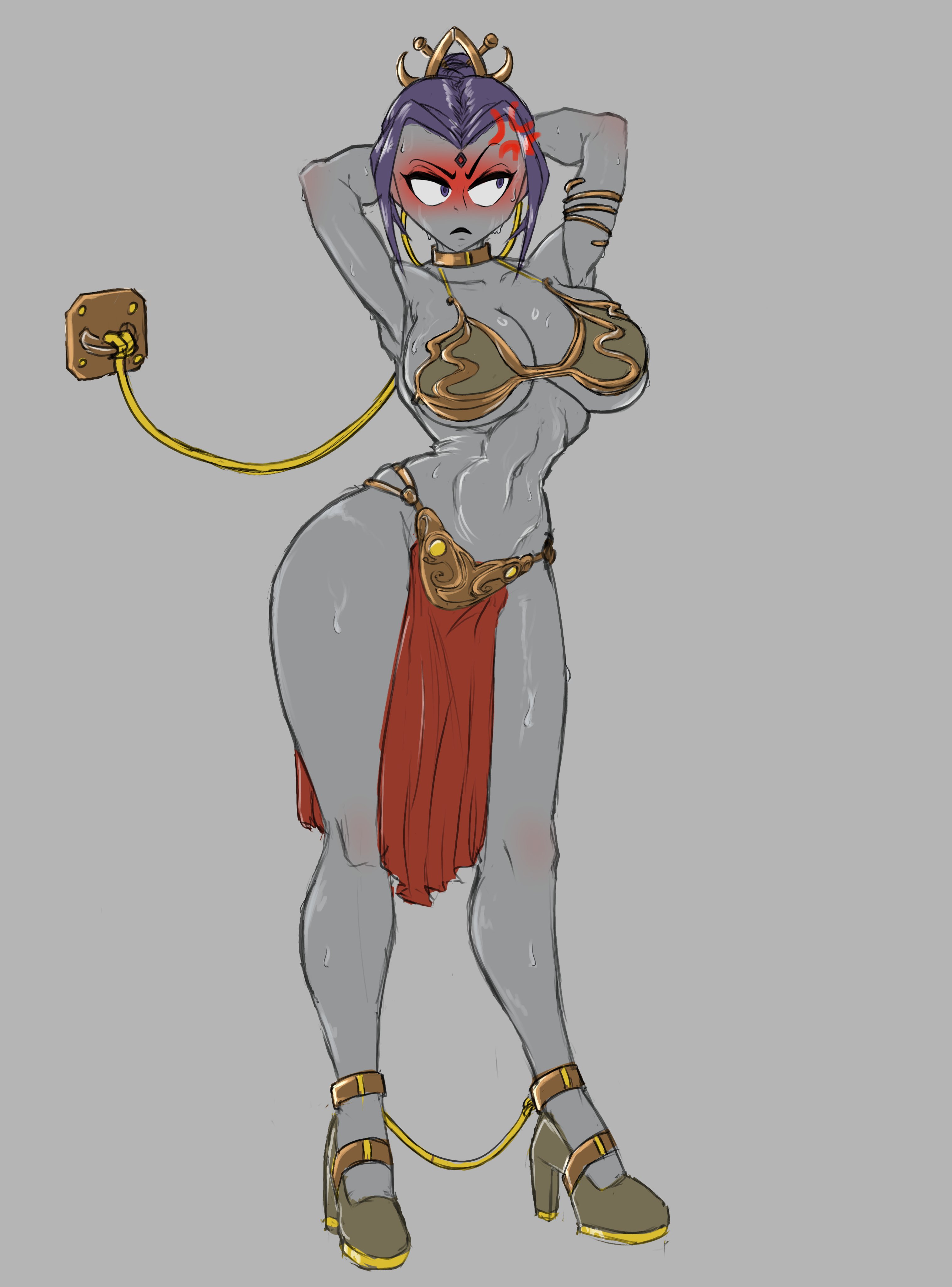 1girls, alternate costume, anger vein, angry, arms behind head, arms up, belly dancer, belly dancer outfit, bikini, blush, breasts, collar, curvy, dc comics, embarrassed, exposed hips, exposed midriff, exposed shoulders, harem girl, harem outfit, high heels, hips, large breasts, loincloth, noodlearts, noodlensfw, rachel roth, raven (dc), restrained, slave, slave bikini, slave collar, slave girl, slave leia (cosplay), slave outfit, solo female, star wars, sweat, teen titans, wide hips