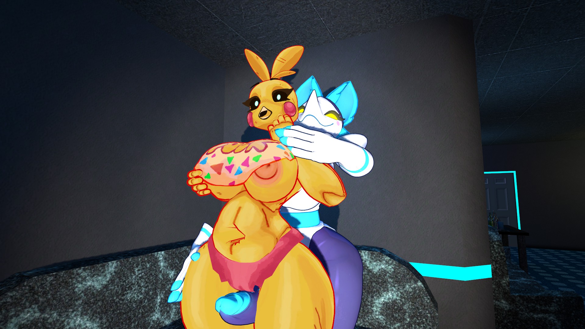 1futa, 1girls, 3d, animatronic, animatronic female, ass, big breasts, big nipples, blue hair, breasts, crossover, deltarune, dot eyes, female, five nights at freddy's, futanari, garry's mod, grabbing own breast, hand on breast, hand on own breast, huge breasts, looking at viewer, nipples, panties, penis between thighs, robot, robot girl, s, self fondle, tasque manager (deltarune), thick thighs, thigh sex, toy chica (blackhat), toy chica (fnaf), white eyes, yellow body, yellow eyes