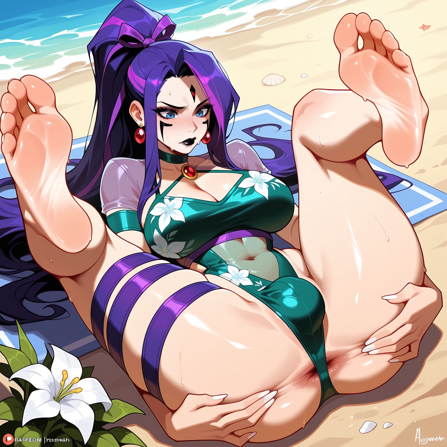 ai generated, ai slop, anus, anus peek, artist name, ass, bangs, barefoot, beach, beach towel, bikini, blue eyes, blush, breasts, bulge, casual one-piece swimsuit, choker, cleavage, clothing, covered navel, day, earrings, facial mark, feet, feet up, female, flower, foot focus, forehead jewel, futanari, gem, grabbing own ass, green one-piece swimsuit, hair ribbon, jewelry, large breasts, legs, legs up, lily (flower), long hair, lunaart, lying, makeup, marvel, marvel rivals, multicolored hair, nail polish, navel, newhalf, ocean, on back, one-piece swimsuit, outdoors, patreon username, pink hair, ponytail, psylocke, psylocke (sai), psylocke (sai) (breezy butterfly), purple hair, purple ribbon, ribbon, sand, see-through, shiny skin, sky, soles, solo, spread anus, spread ass, spread legs, sweat, swimsuit, thigh strap, thighs, toes, towel, water, white flower