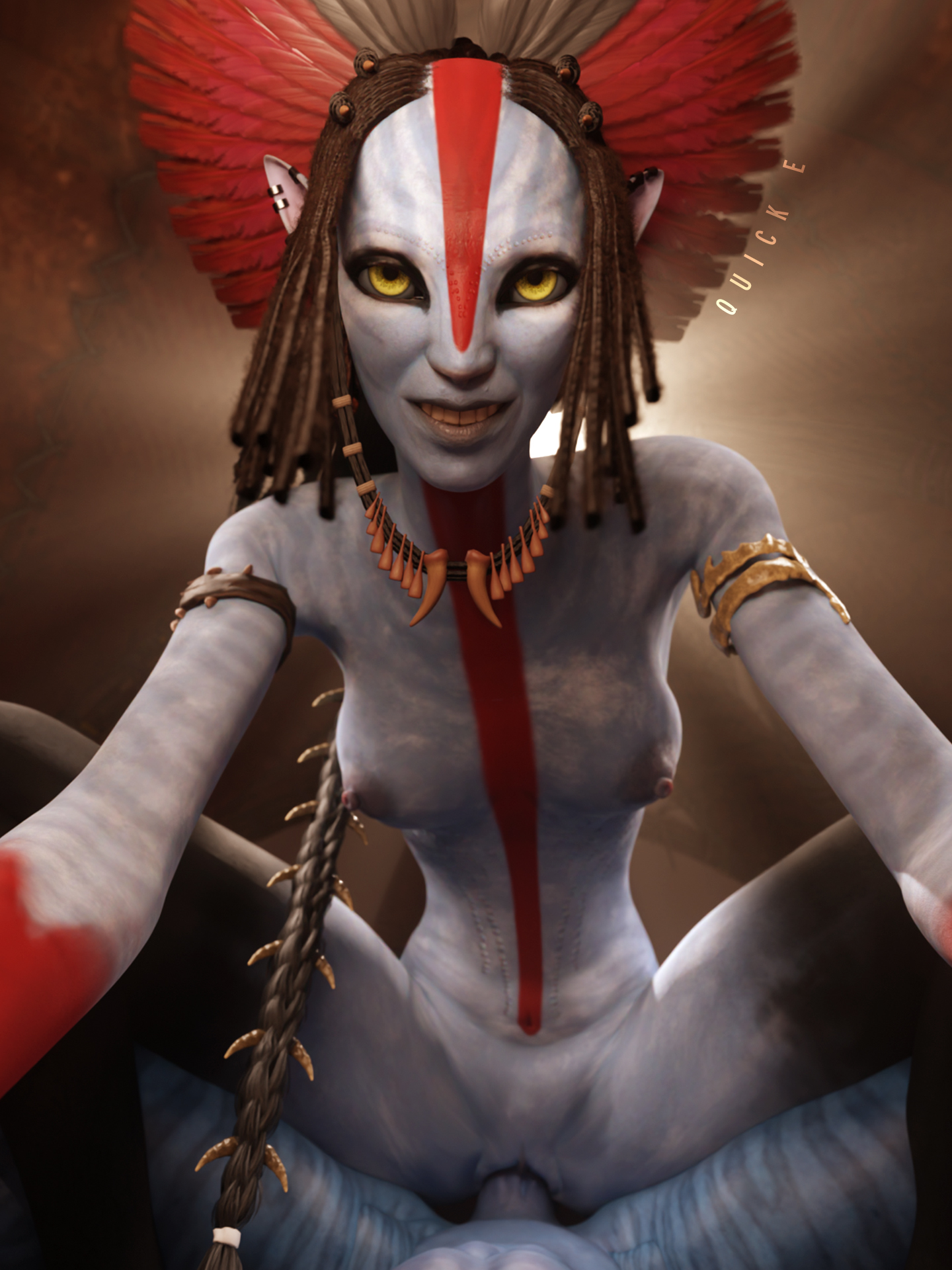 1boy, 1girls, 3d, alien, alien girl, avatar, avatar: fire and ash, blue skin, female, female on top, female penetrated, male, miles quaritch, na'vi, pov, pov eye contact, pov male, quick e, smiling, vaginal penetration, vaginal sex, varang, varang (avatar)