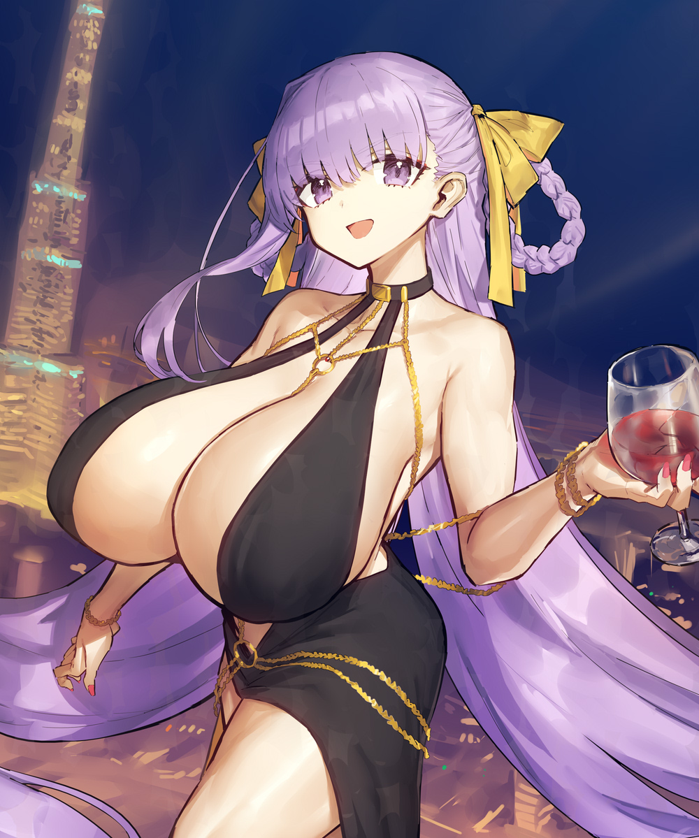 1girls, bare legs, bare shoulders, bb (fate), bb dubai (fate), braided hair, breasts, center opening, cleavage, dress, eyebrows visible through hair, fate (series), fate/grand order, female, female only, hair rings, huge breasts, light skin, light-skinned female, long hair, looking at viewer, massive breasts, melon22, party dress, smile, solo, wine glass