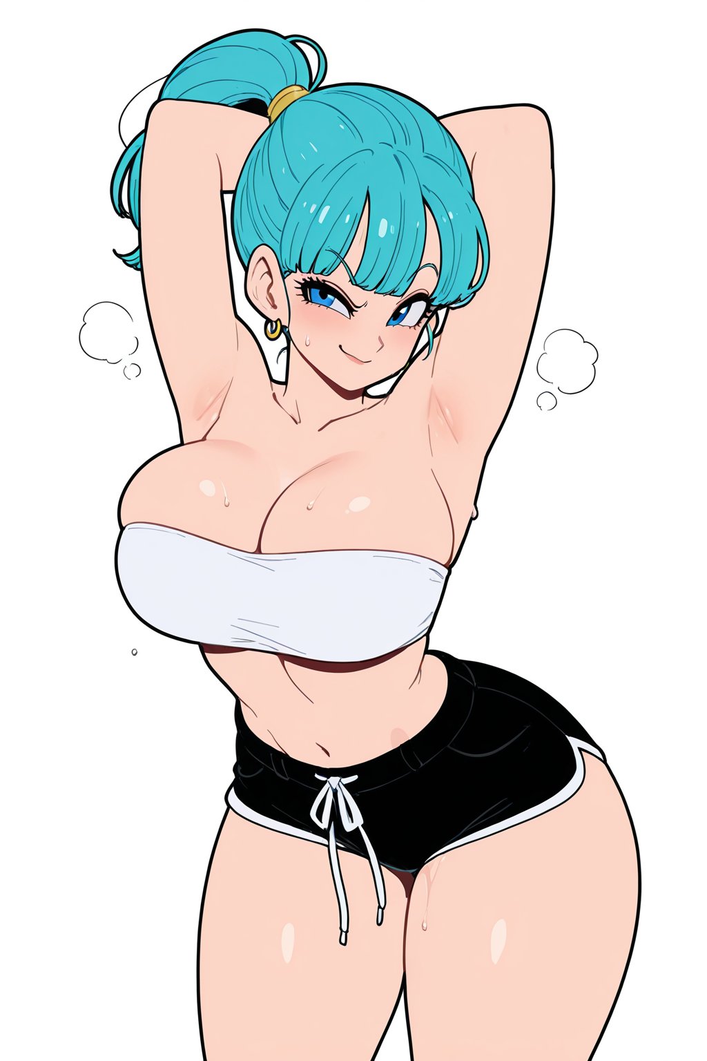 2d, 2d (artwork), 2d artwork, about to burst, aged up, ai assisted, ai generated, armpits, arms behind back, arms behind head, arms up, bangs, bare legs, bare shoulders, barely contained, barely contained breasts, barely fits, belly button, blue eyes, blue hair, blush, bob cut, breast squeeze, bulma (dragon ball), bulma briefs, bursting breasts, cleavage, cleavage cutout, curvaceous, curvaceous body, curvaceous female, curvaceous figure, curvy, curvy body, curvy female, curvy figure, curvy hips, dolphin shorts, dragon ball, dragon ball super, dragon ball z, green hair, grin, grinning at viewer, hourglass figure, hourglass figured female, imminent wardrobe malfunction, kawaiiaiarts, large ass, large breasts, large butt, large thighs, larger female, milf, pose, posing, posing for the viewer, post-timeskip, pressed against, pressing breasts, pressing breasts together, shorts, sky blue hair, slim waist, smile, smiling at partner, smiling at viewer, smirk, smirking, smirking at viewer, sports shorts, sweat, sweatdrop, sweaty body, tagme, tank top, tanktop, thick, thick ass, thick butt, thick hips, thick legs, thick lips, thick thighs, tied hair, tight fit, too tight, top, undersized clothes, undersized clothing, voluptuous, voluptuous body, voluptuous female, voluptuous milf, wide hips
