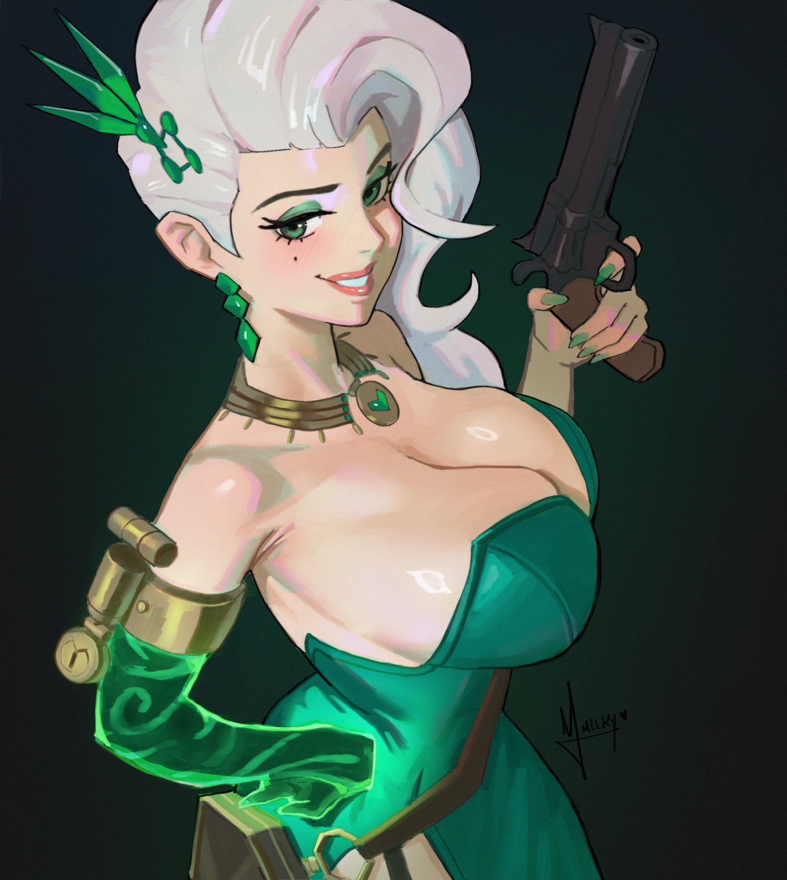 1girls, artist signature, blush, clothed, clothing, deadlock, dress, eyeshadow, gun, holding weapon, lady geist, large breasts, looking at viewer, magic arm, mature, mature female, mimi milky, prosthetic, safe for work, smile, smiling, smiling at viewer, solo, solo female, white hair