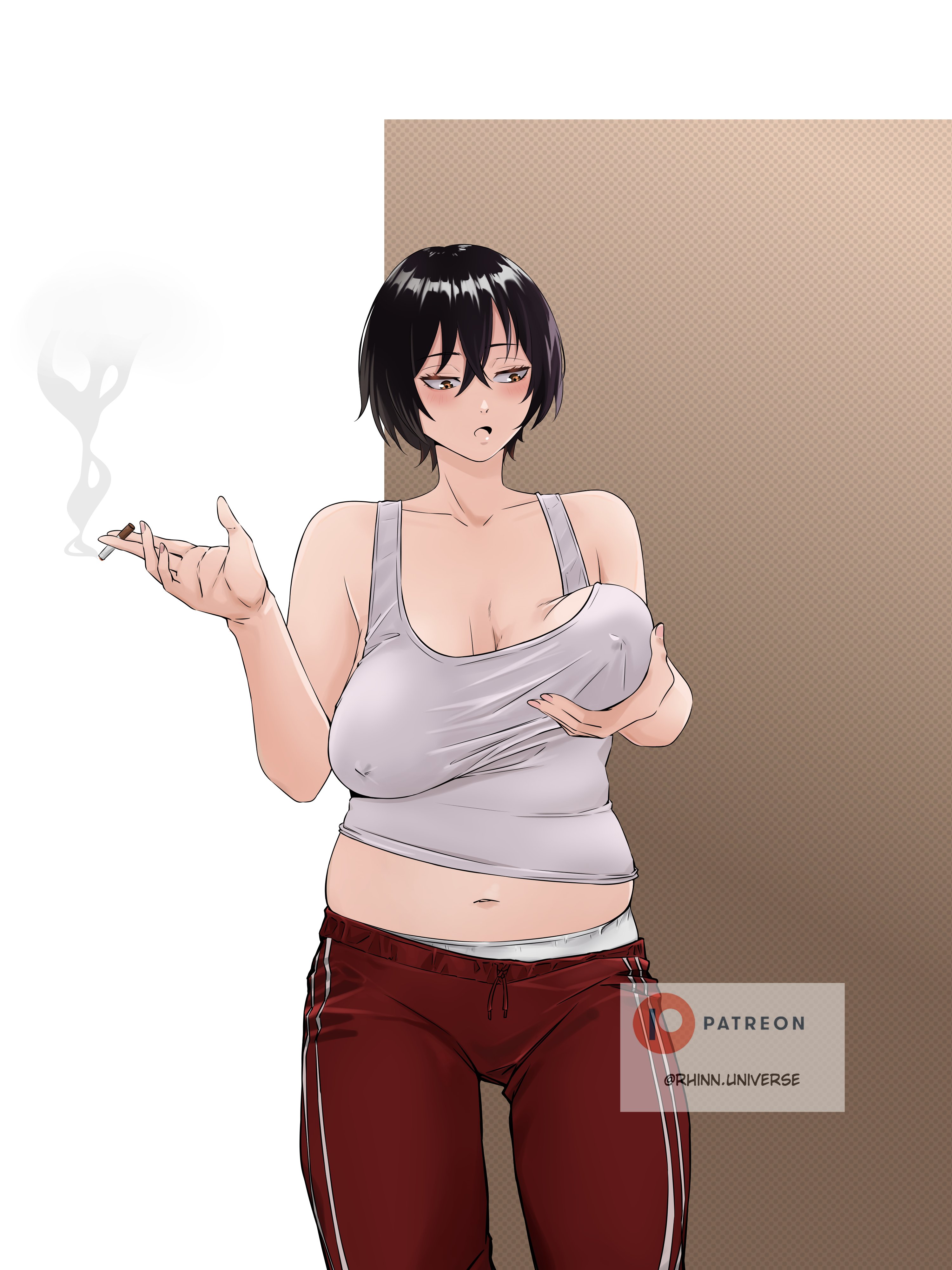 1girls, belly, big belly, black hair, breasts, cigarette, covered nipples, female, holding cigarette, large breasts, navel, neet, neet girl, no bra, rhinnuniverse, sagging breasts, short hair, sketch, smoking, solo, sweatpants, tank top, yotaka aoi, yotaka futatabi