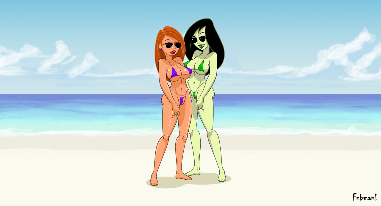 2girls aged_up artist_name aviator_sunglasses bare_shoulders barefoot beach big_breasts bikini bikini_bottom bikini_top black_hair busty cleavage curvy day detailed_background disney duo ear_piercing earrings erect_nipple erect_nipples eyeliner female female_only fnbman front_view glasses green_lipstick green_skin horizon hourglass_figure human kim_possible kimberly_ann_possible large_breasts lipstick long_hair looking_at_viewer makeup micro_bikini midriff multiple_females multiple_girls nipple_bulge ocean older open_mouth orange_hair outdoor outdoors outside piercing pose posing red_lipstick sand shadow shiny shiny_skin standing string_bikini sunglasses swimsuit teenage thong tinted_eyewear underboob voluptuous water wide_hips