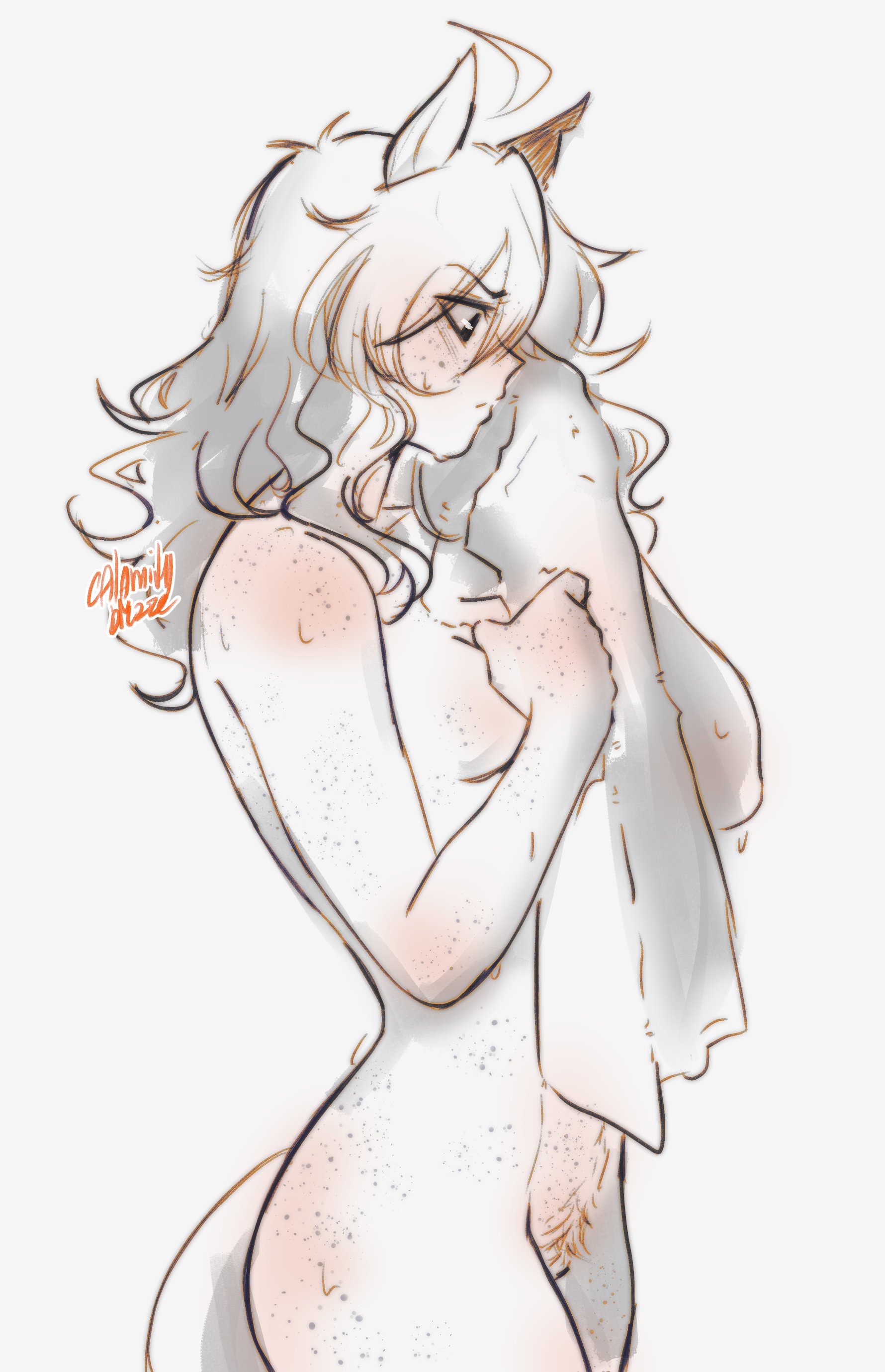 1girls, after shower, ahoge, animal ears, artist name, artist signature, ass blush, blush, body blush, breast blush, breasts, brown hair, calamity brezze, completely nude, curly hair, eyebrows visible through hair, female pubic hair, freckles, freckles all over, greyscale, happy trail, highres, horse girl, horse tail, jungle pocket (umamusume), long hair, monochrome, pubic hair, shoulder blush, side view, sideass, sideboob, slight blush, standing, tail, towel, towel only, umamusume, umamusume pretty derby, watermark, wet, white background