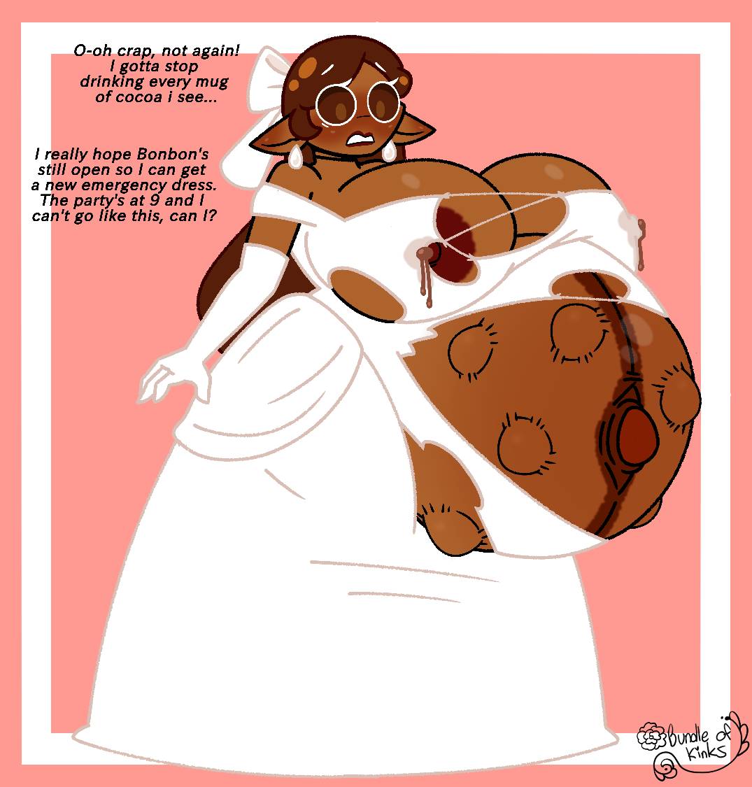 bride, bundle-of-kinks, cocoa cookie, cookie run, cookie run kingdom, devsisters, fetal movement, hyper pregnancy, kicking (pregnancy), pregnant, pregnant female, ripped clothing, wedding dress, white dress